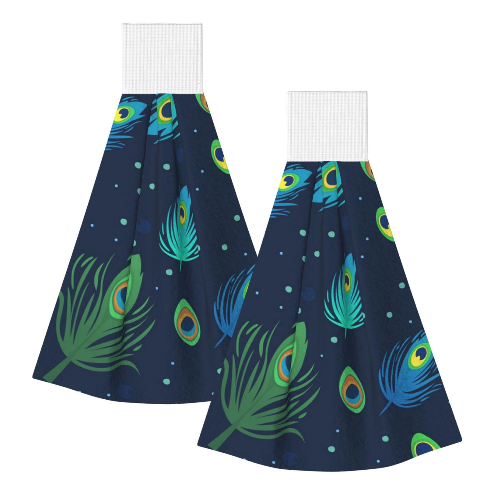 DOPKLNA Peacock Feather Printed, 2 Pcs Hanging Coral Fiber Hand Towels for Bathroom, Absorbent Kitchen Towels