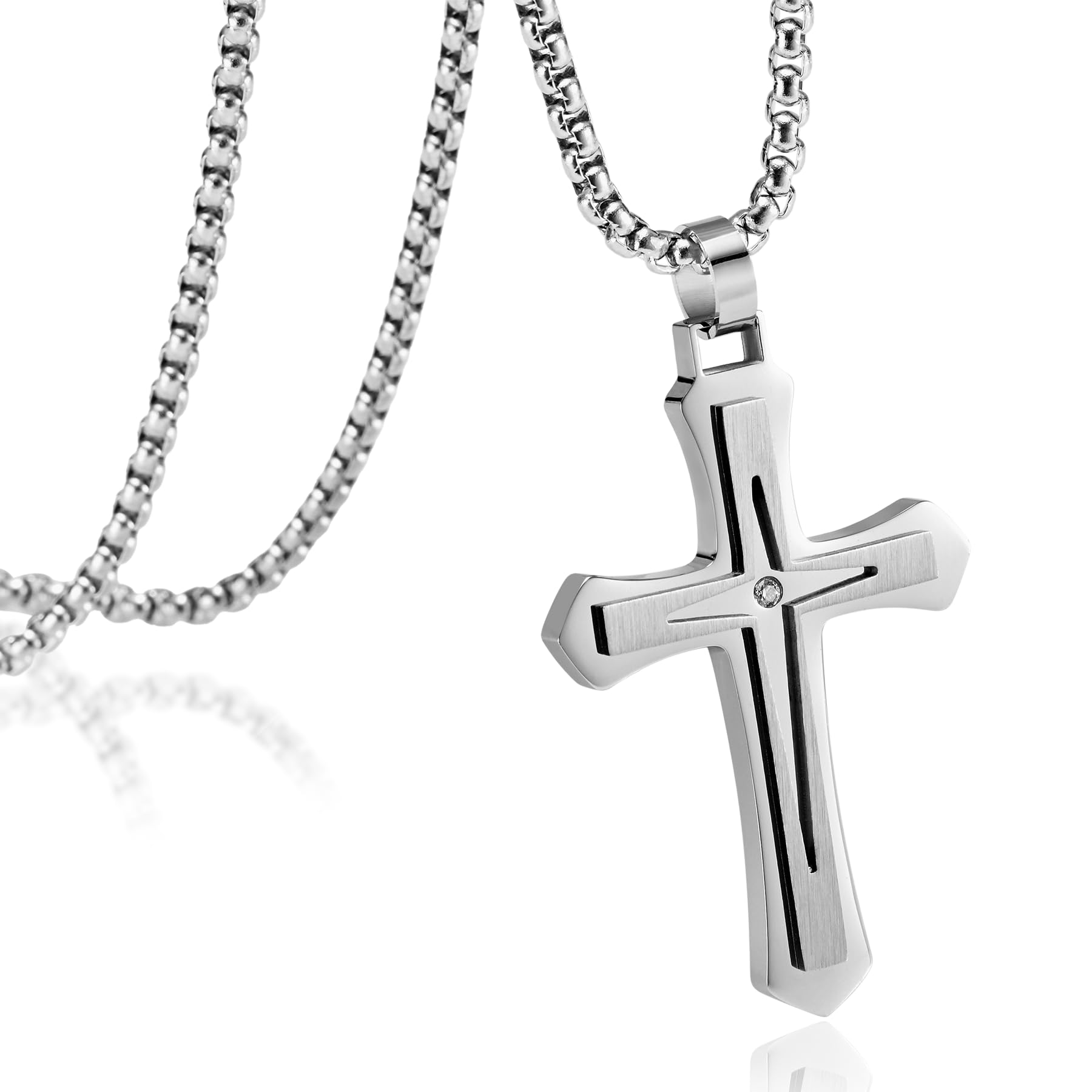 MOOSKI Cross Necklace for Men,Silver/Gold/Black Mens Cross Necklaces with 3mm Cross Chain and Stainless Steel Cross Pendant Jewelry Gifts,Rolo Chain