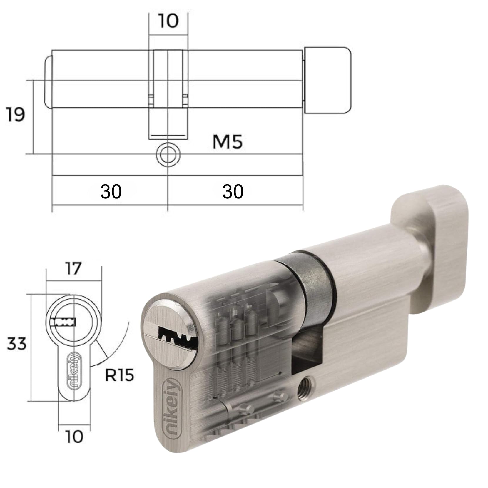 Lot de 2 Cylindres de Serrure en Laiton 30/30 mm avec Bouton, Vis et Clés incluses, Montage facile pour Portes et Garages, Clé unique, Longueur 60 mm