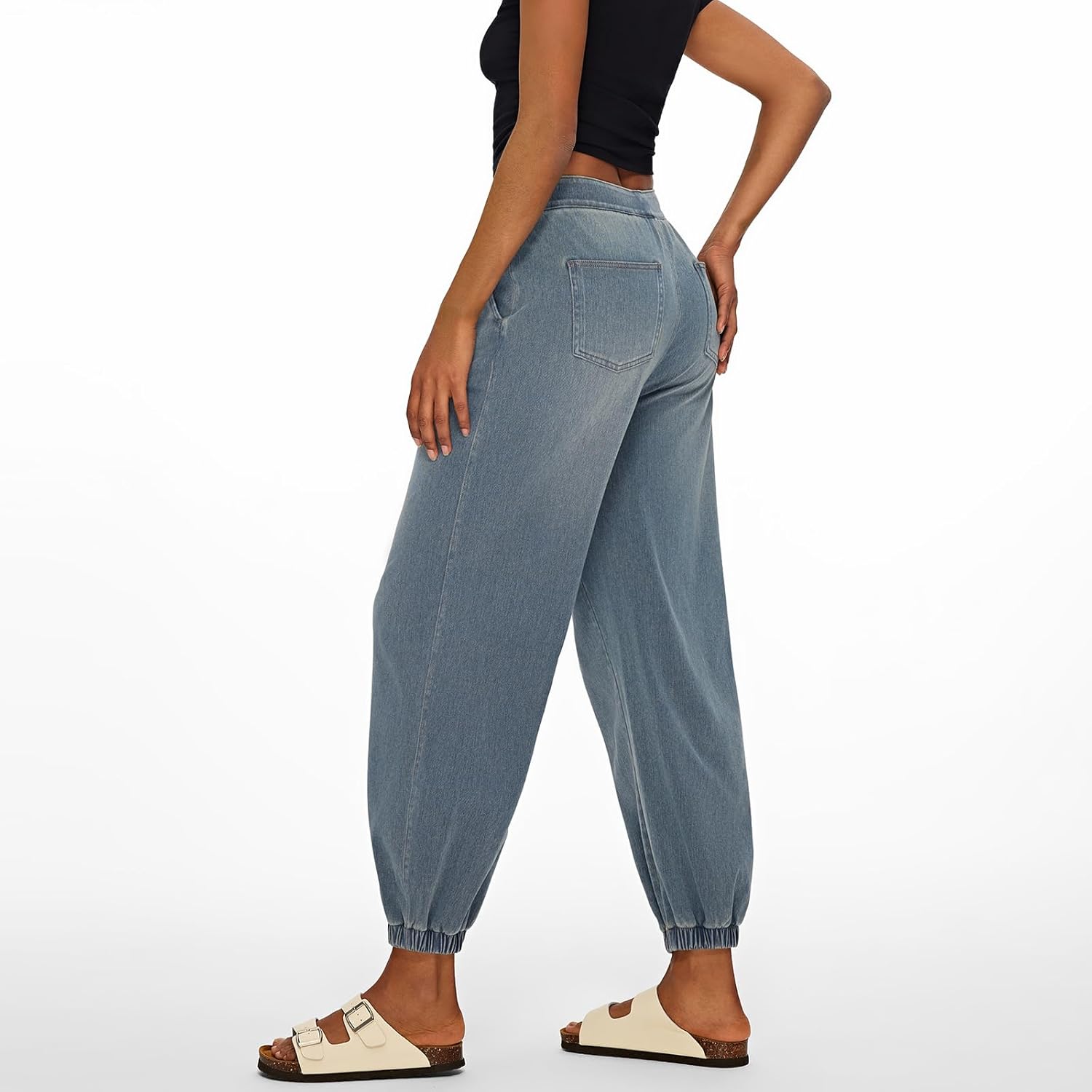 Fanica Women‘s High Rise Wide Leg Jeans, Drawstring Waist with Tapered Ankle Cuff Denim Pants - Image 3