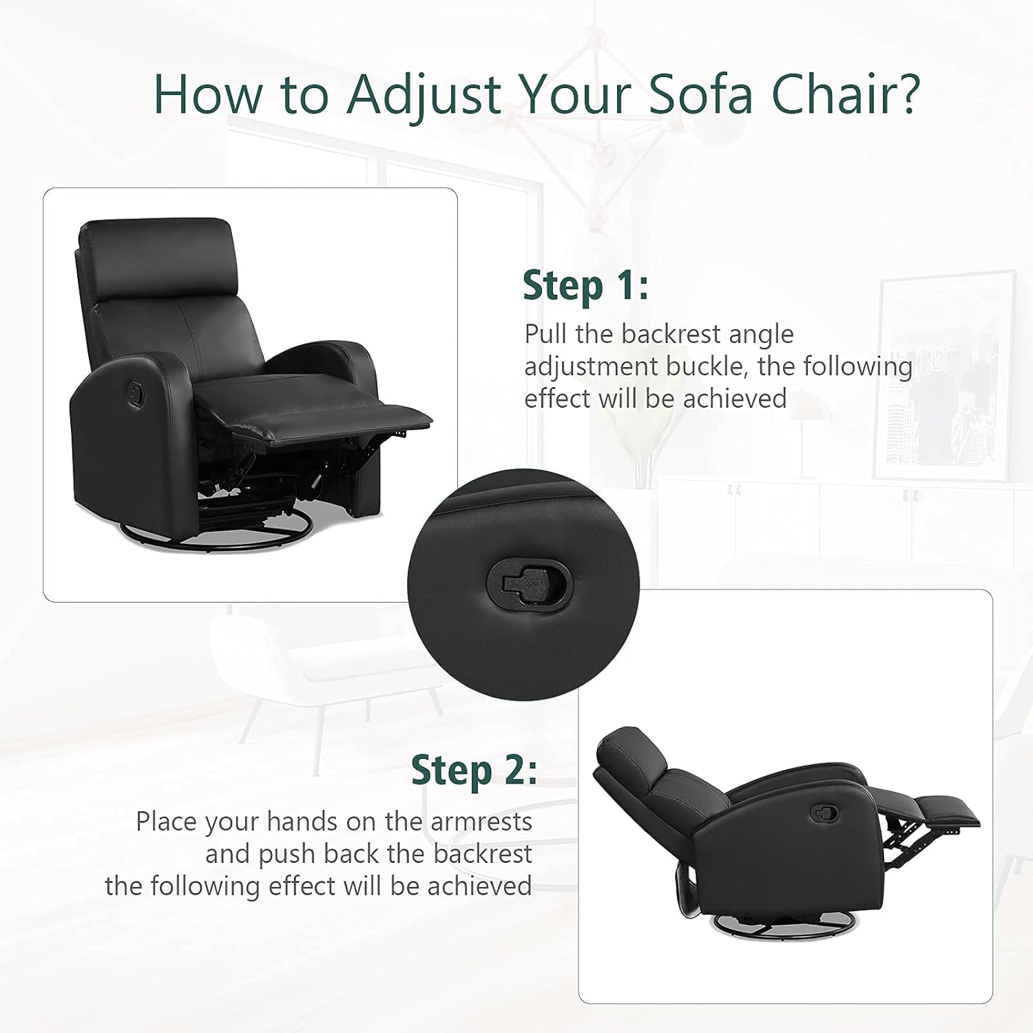 Diagram showing the recliner chair in three different positions: 100 degrees for reading, 115 degrees for watching TV, and 140 degrees for taking a rest.