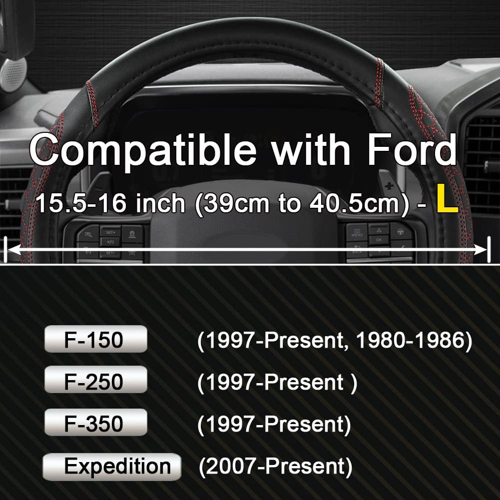 West Llama Customized Auto Car Steering Wheel Cover for Ford F-150, F-250, F-350, Expedition(Diamond Quilted - Black+Red) - Image 2