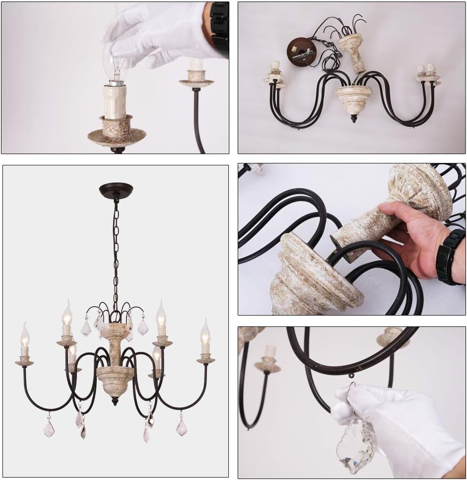 Retro French Chandelier White Distressed Wood Rust Metal Arms Candle Style Chandeliers 6 Lights for Living Dining Room French Country Lights Fixture W27.6''