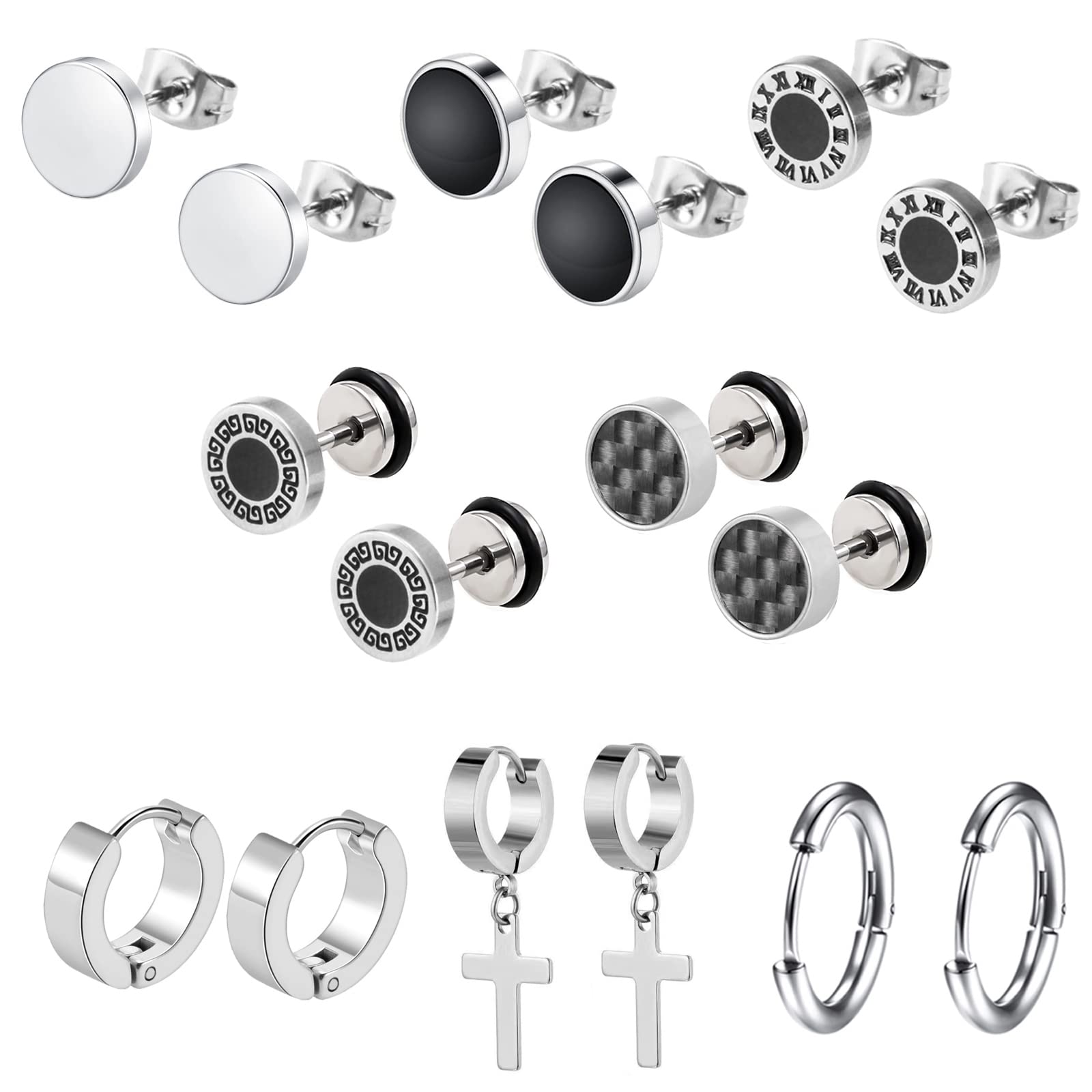 Epoch World 8 Paia Acciaio Inossidabile Orecchini per Uomo Donna Bottone Orecchini Donna Cerchio Orecchini Anello Argento Croce Piercing