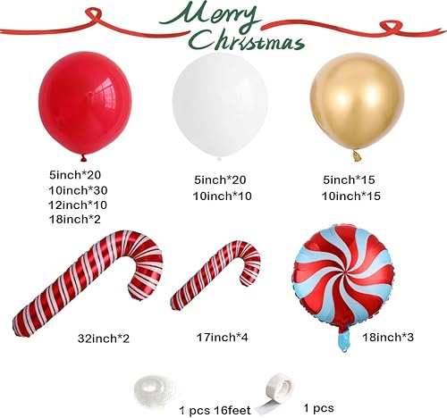 Miniatura 2 de Kit de guirnalda de arco de globos de Feliz Navidad, globos rojos y blancos dorados con globos de aluminio de bastón de caramelo para decoraciones