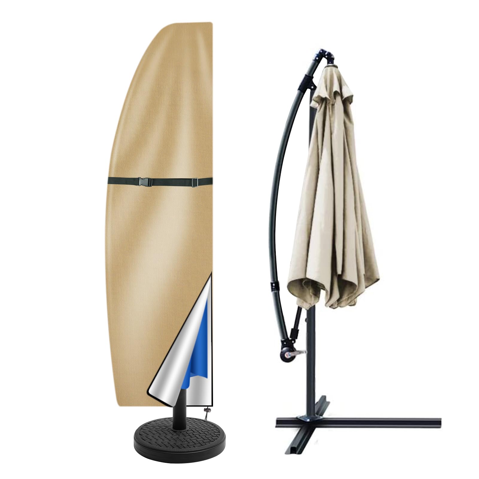 Teynewer Khaki Parasol Cover Waterproof, Cantilever Parasol Protective Cover With Telescopic Pole And Zipper Fit For 1 To 3 M Large Umbrella Patio Parasol Weatherproof Uv-Anti Windproof,