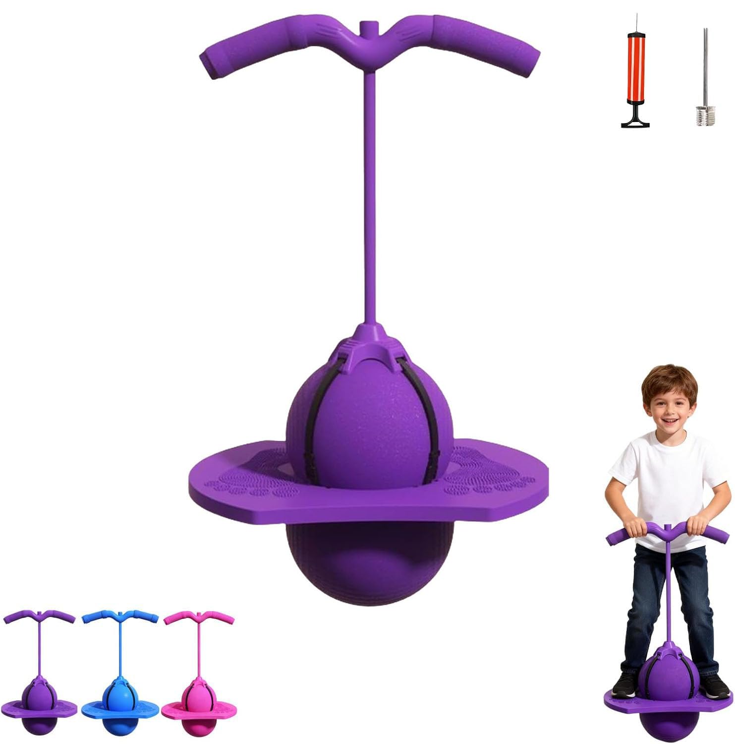 Pallone Saltellante per Bambini & Adulti, Pogo Pallone con Maniglia & Pompa, Antiscivolo Pallone Equilibrio Interno Esterno, Sport Gioco Fitness Allenamento Salto, Portata 300kg (Purple)