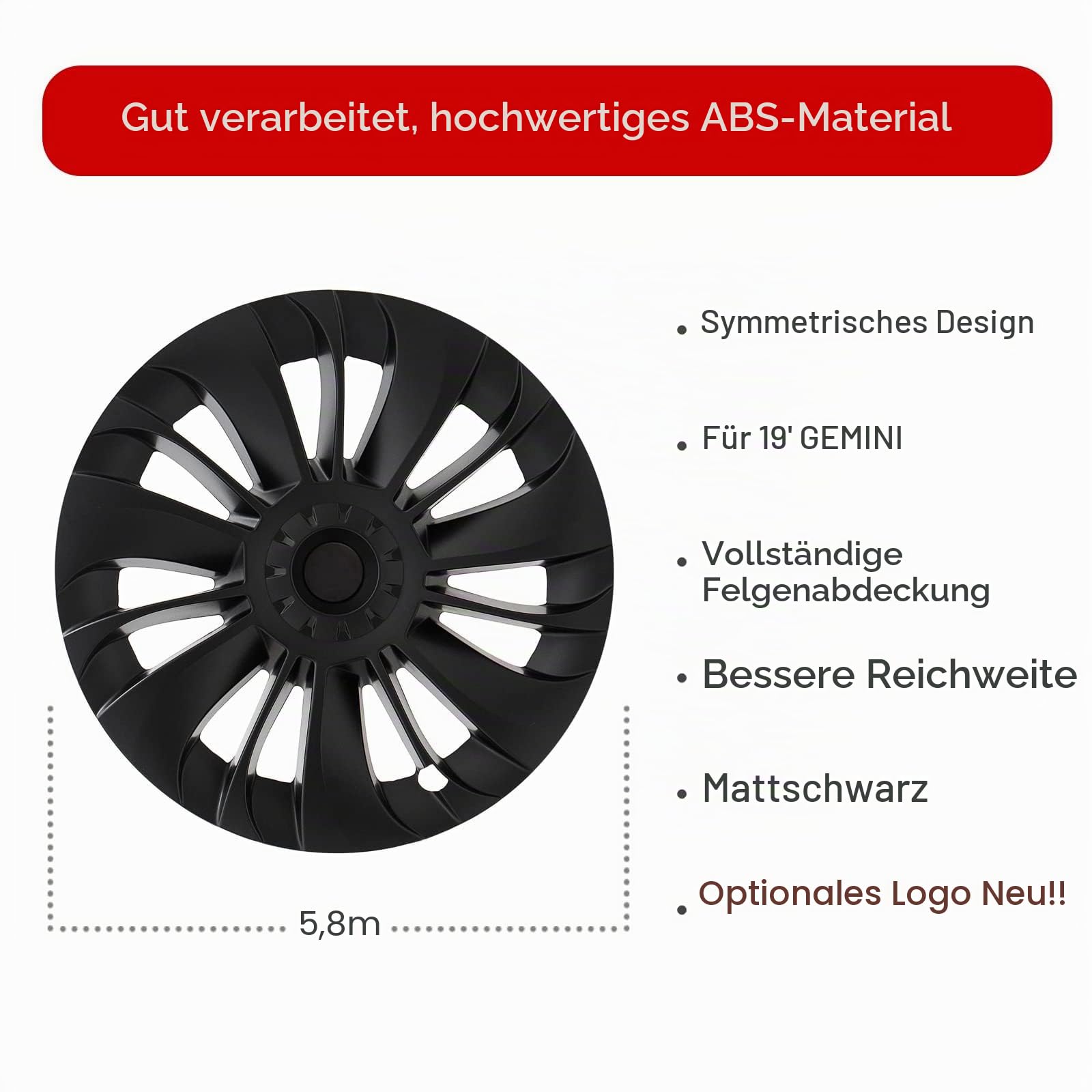 KAVANIC passend für Tesla Model Y Radabdeckung, Radkappe 19 Zoll, Mattschwarz, unterstützt Logo-Symmetrie-Design (4 Stück), Cyclone-Stil, 2020–2024 Modell Y Gemini Radabdeckung Ersatz