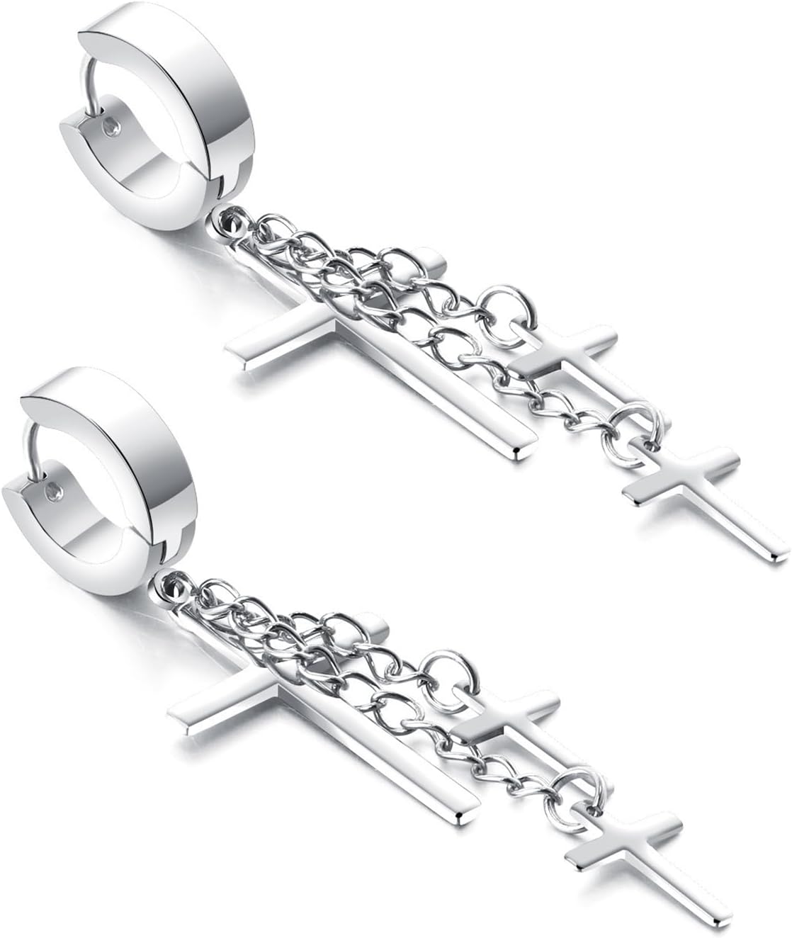 Cross Tassel Huggie Hoop Earrings Stainless Steel Gothic Punk Cool Layered Triple Cross Chain Fringe Religious Long Hinged Dangle Drop Earrings for Men Women Unisex Hip Hop Fashion Jewelry Gifts - Image 3