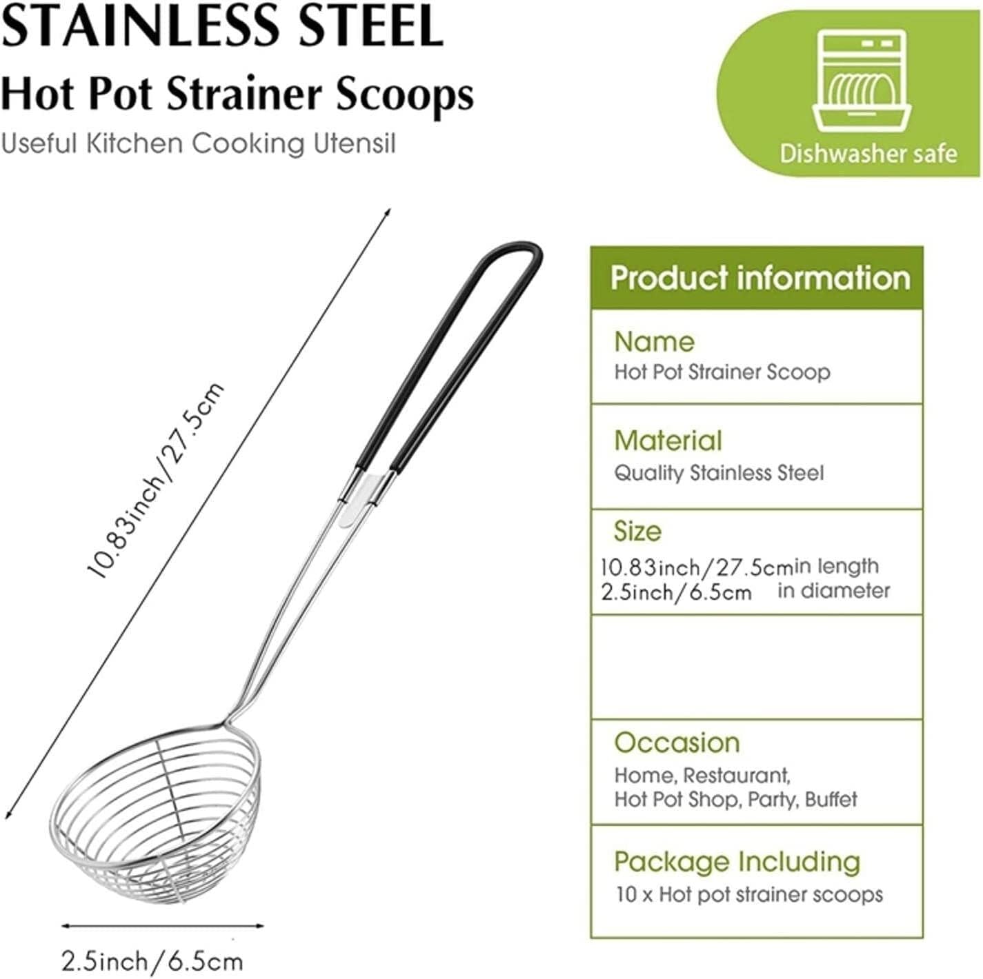 Colador De Cocina Filtros de Alimentos Tamiz de colador de Acero Inoxidable, Cuchara de Skimmer de Alambre con Mango for Olla Caliente Comiendo Sopa Drenaje Escurridor Pasta(10pc)