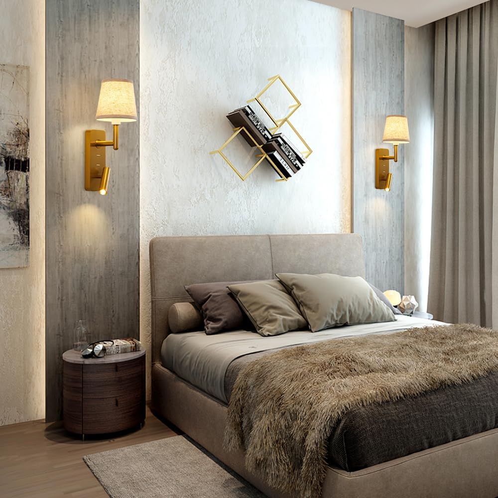 LED Wall Mounted Reading Light, Aluminum Accent Spotlight with Switch, Vintage Industrial Wall Lamp with Linen Fabric Shade, 90° Rotation Headboard Lights for Dedroom