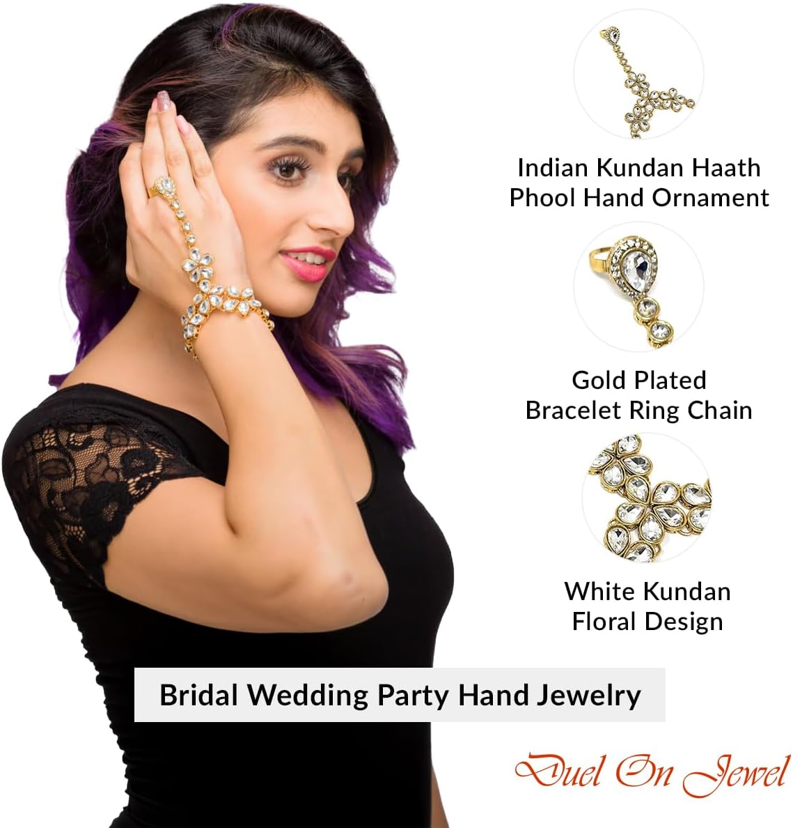 Duel On Jewel Indian Ethnic Women’s Haath Phool Hand Ornament Bracelet Sets with Adjustable Chain Loop Ring, White Kundan Stones, Gold-Plated, 7-Inch Bracelet, Bridal Wedding Party Dance Jewelry