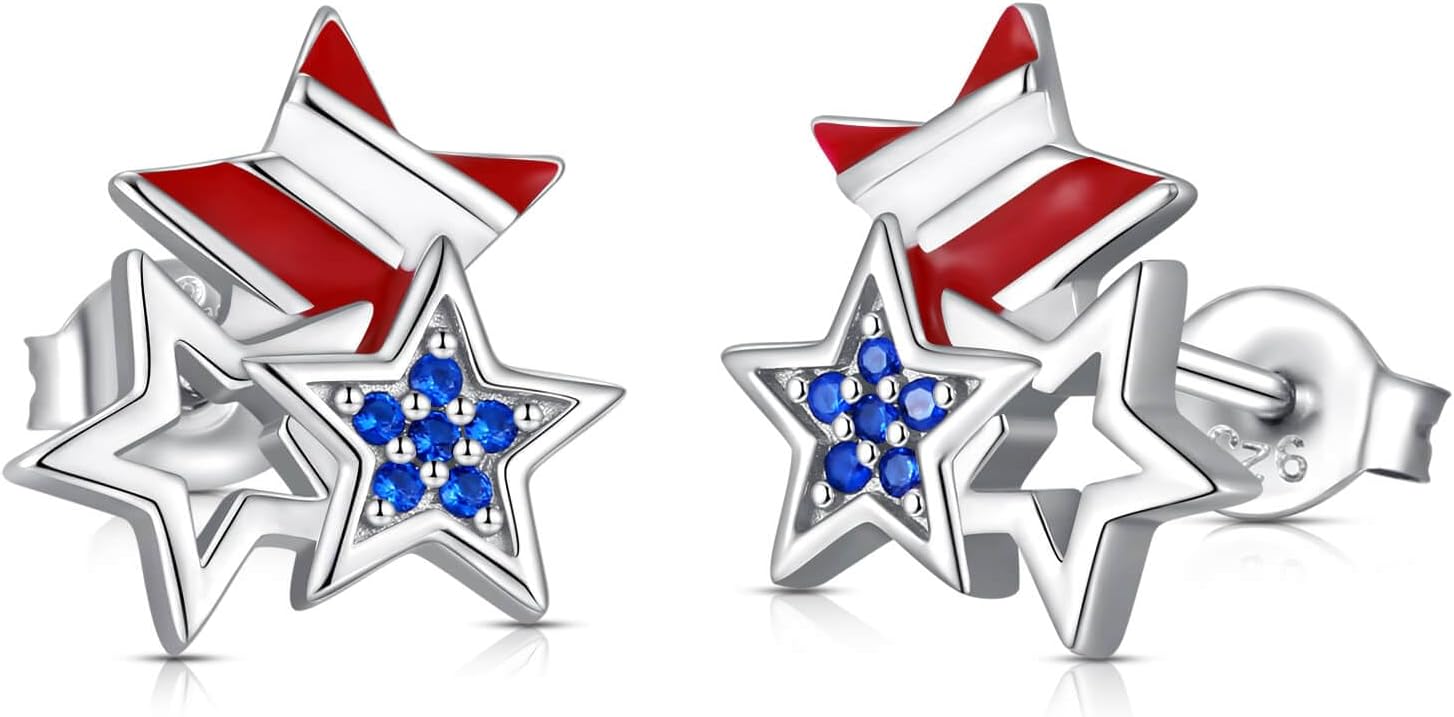Silver USA American Flag Earrings - Patriotic Star Ears Stud Fourth of July Windmills Independence Day Hoop Jewelry Gift for Women Veterans