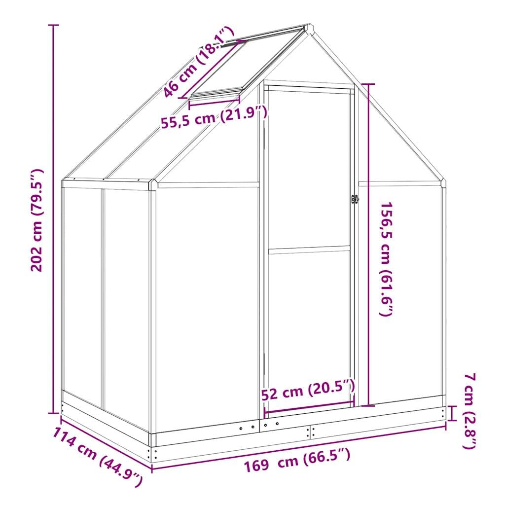 Serra con base in alluminio, 169 x 114 x 202 cm, argento, pannelli in policarbonato da 4 mm, con grondaie e 5 finestre di ventilazione per pomodori, erbe, verdure, giardinaggio hobby