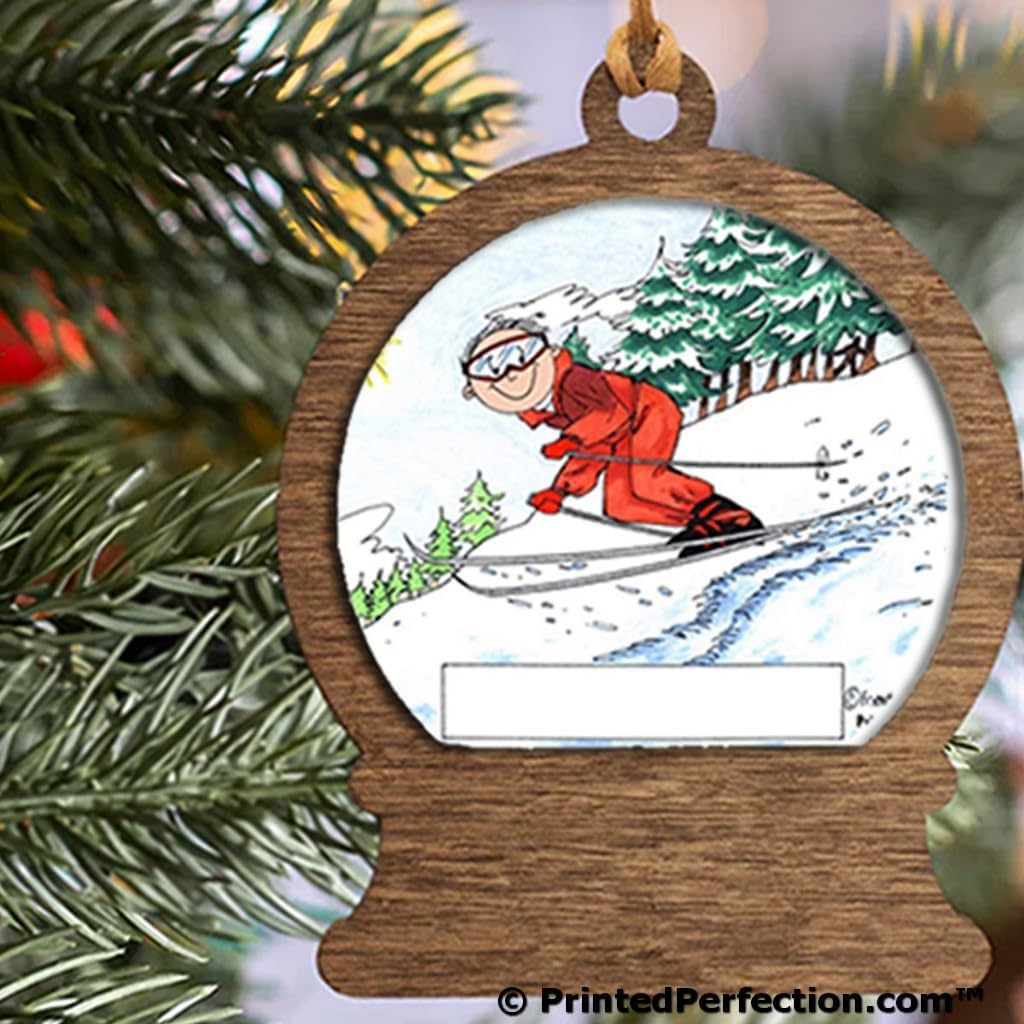 PrintedPerfection.com Personalized Skier, Snow - Male Wooden Snow Globe Shaped Christmas Ornament