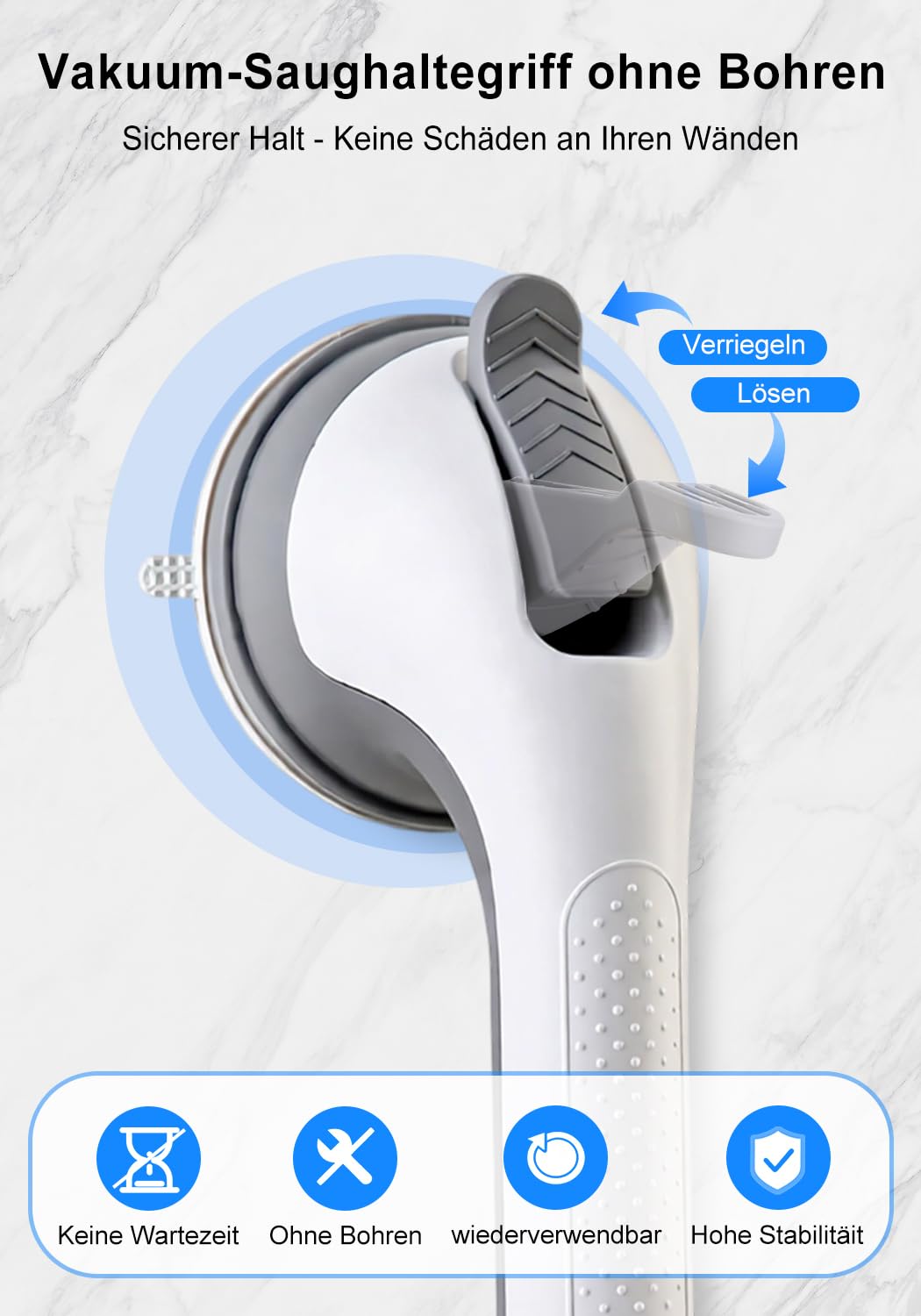 Dusch Haltegriff ohne Bohren, 2er Set, rutschfeste Haltegriffe mit starkem Saugnapf, sichere Unterstützung für Bad, Dusche, Toilette, Küche & glatte Oberflächen, stabiler Halt für Alltag & Mobilität