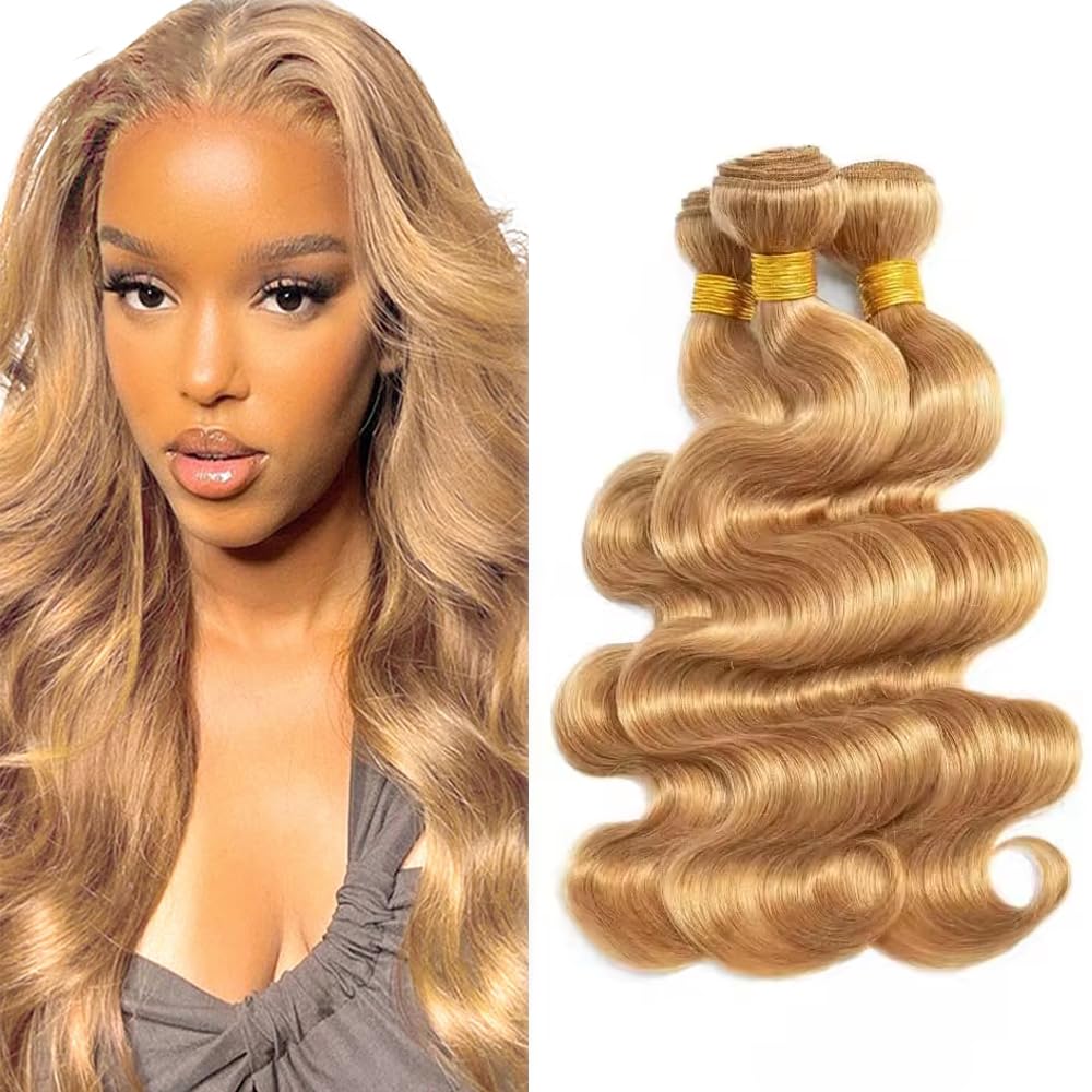 Photo 1 of AuokMar Honey Blonde Bundles 27 Body Wave Bundles Huma Hair 20 22 24 inch 300g Double Weft Soft Real 27 Blonde 3 Bundle Human Hair Extensions