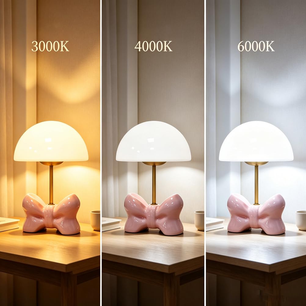 OOWOKS Tischlampe Rosa Pilz mit Kabel LED Nachtlampe 3 Farbtemperaturen mit Glas-Lampenschirm Kinder Tischleuchte Schleife Design Schlafzimmerlampe Deko Nachttischlampe für Kinderzimmer Wohnzimmer