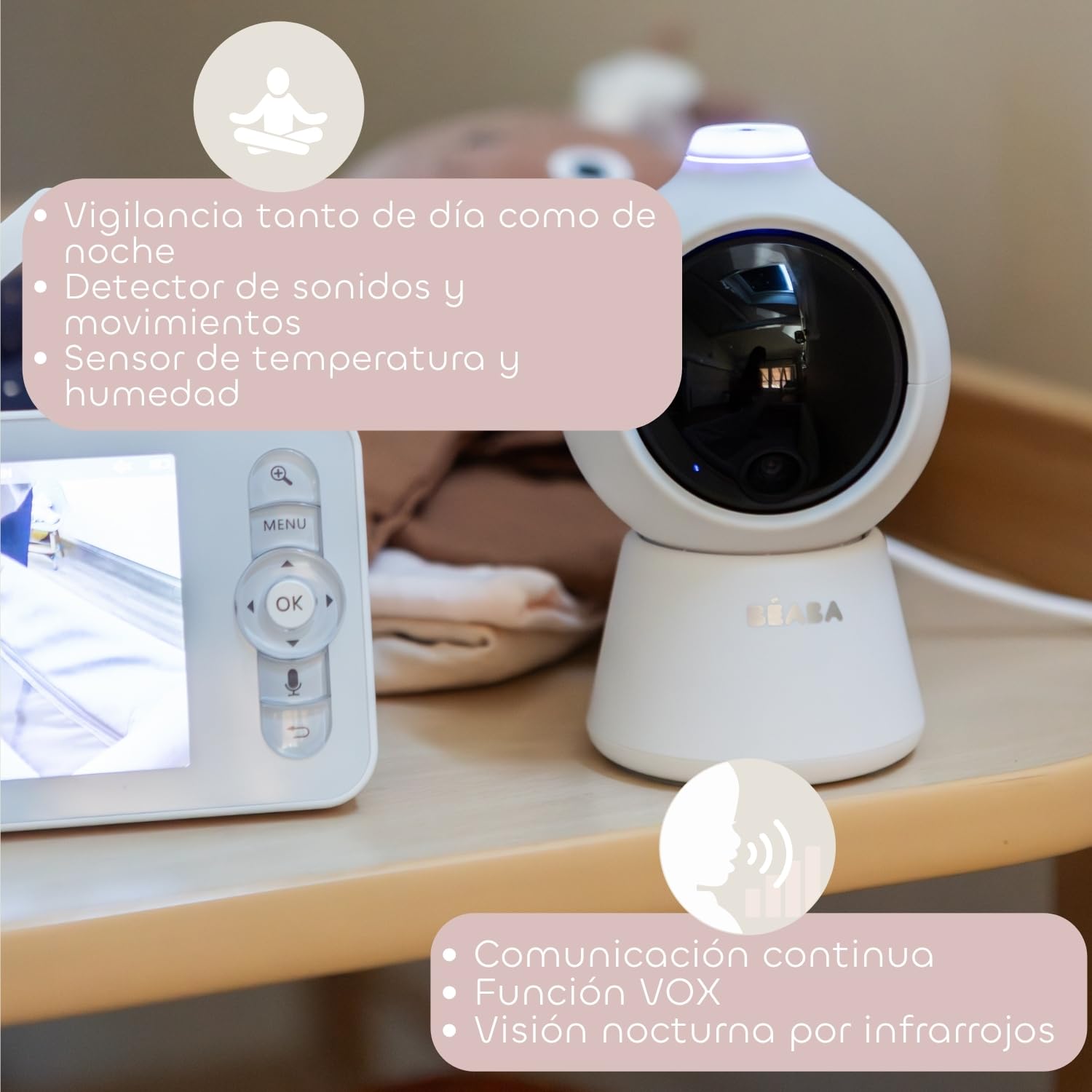 Béaba Zen Smart AI – Vigilabebés con Cámara De Video 3 En 1, Cámara 360° Full QHD 4MP, Pantalla HD 720p, App Móvil, IA Detección De Giro, Visión Nocturna, Luz Nocturna, Walkie Talkie, VOX, Blanco | Cámara 360° Full QHD 4MP, Pantalla HD 720p, IA Detección