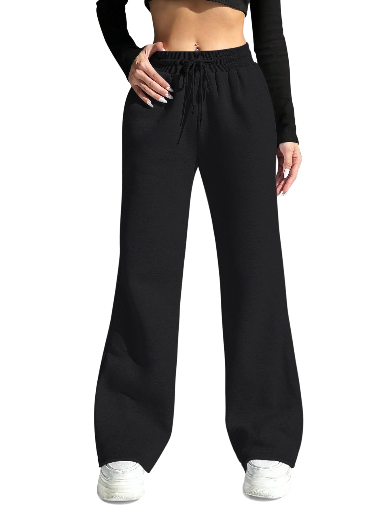 HeSaYep Women's Wide Leg Sweatpants Drawstring Ribbed Waist Baggy Sweat Pants Raw Hem Flared Lounge Pants