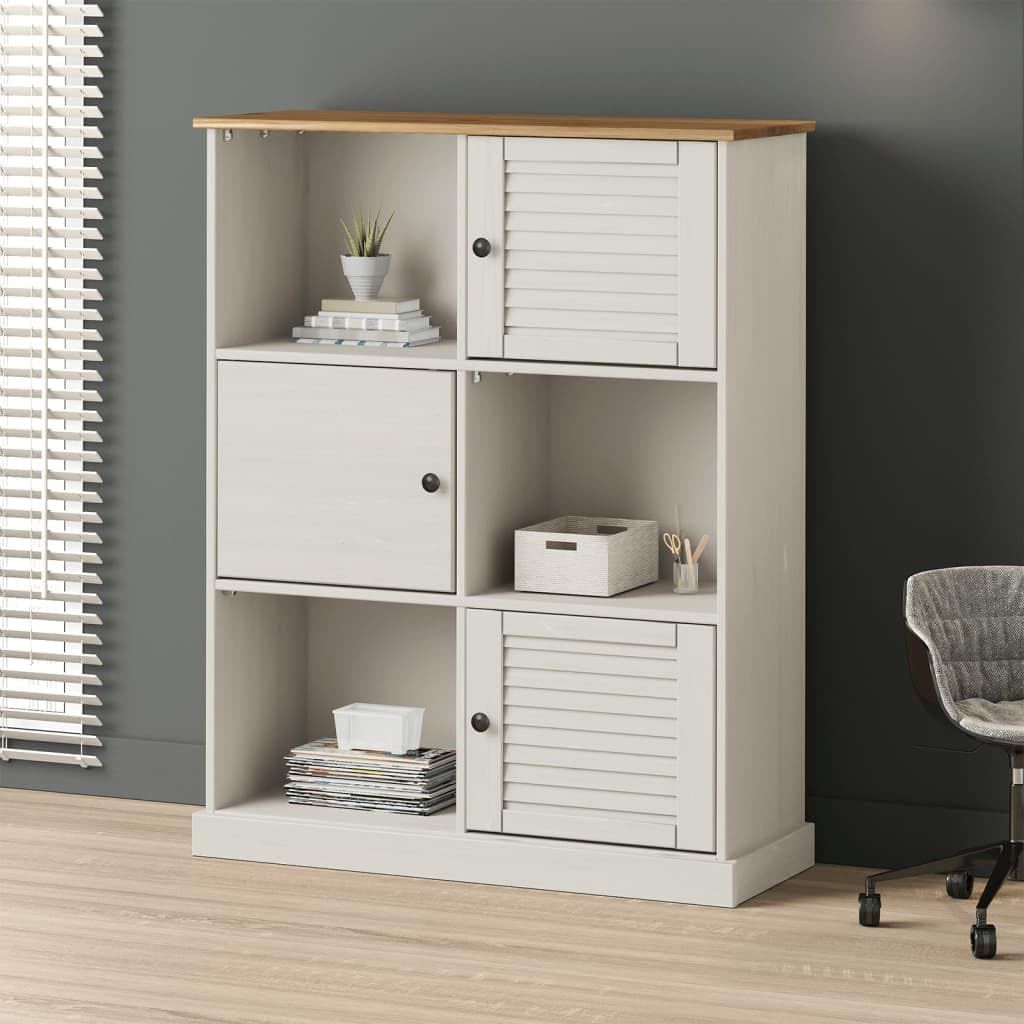 Générique Regał z litego drewna sosnowego, biały, 90 x 35 x 114,5 cm, regał na książki z 6 metalowymi przegródkami i guzikami, wytrzymały i łatwy w pielęgnacji schowek na książki
