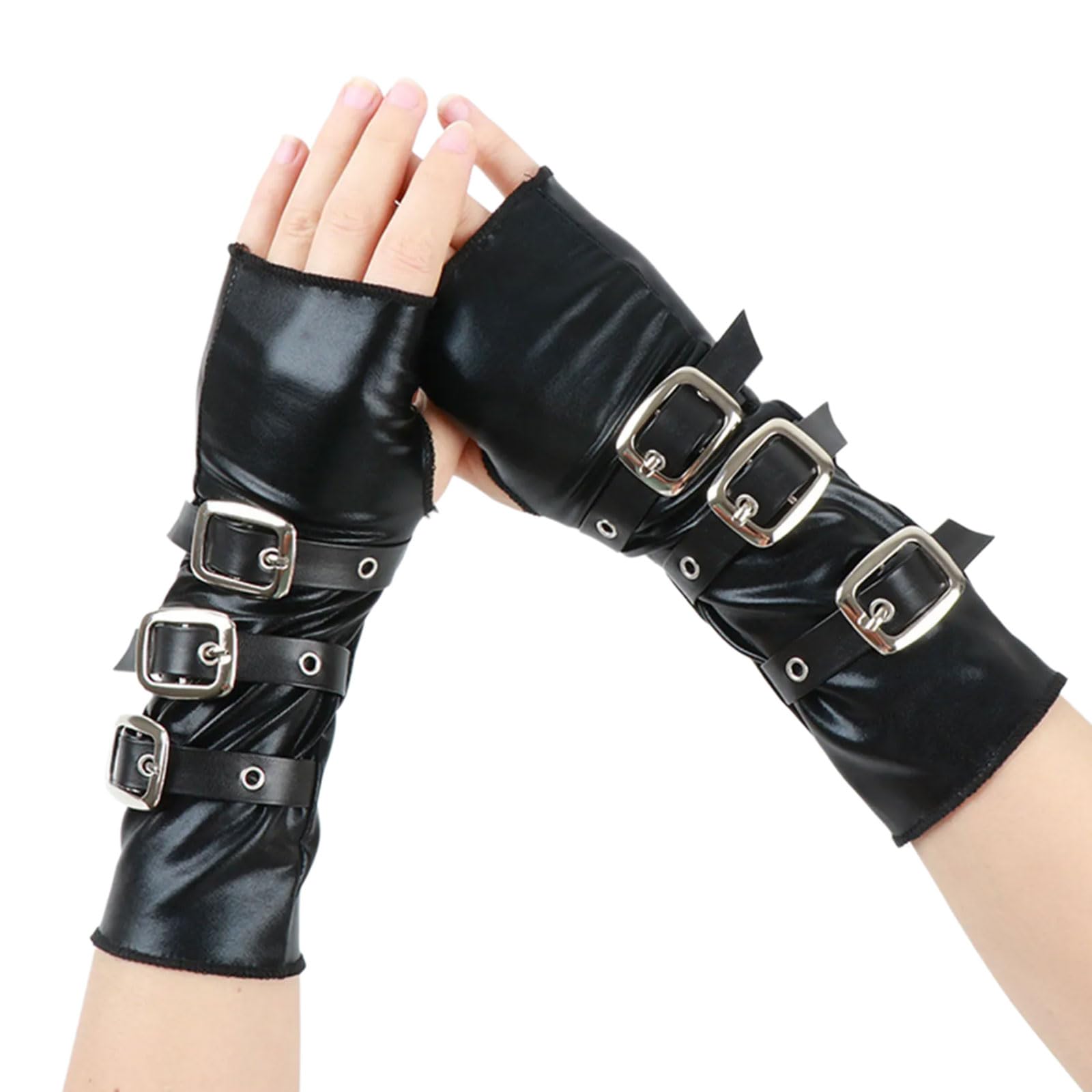 AWJUWHBJ Punk PU Leather Fingerless Gloves With Metal Clasps Fashion Cosplay Costume Accessory Arm Sleeves For Daily Party Wear Gothic Gloves