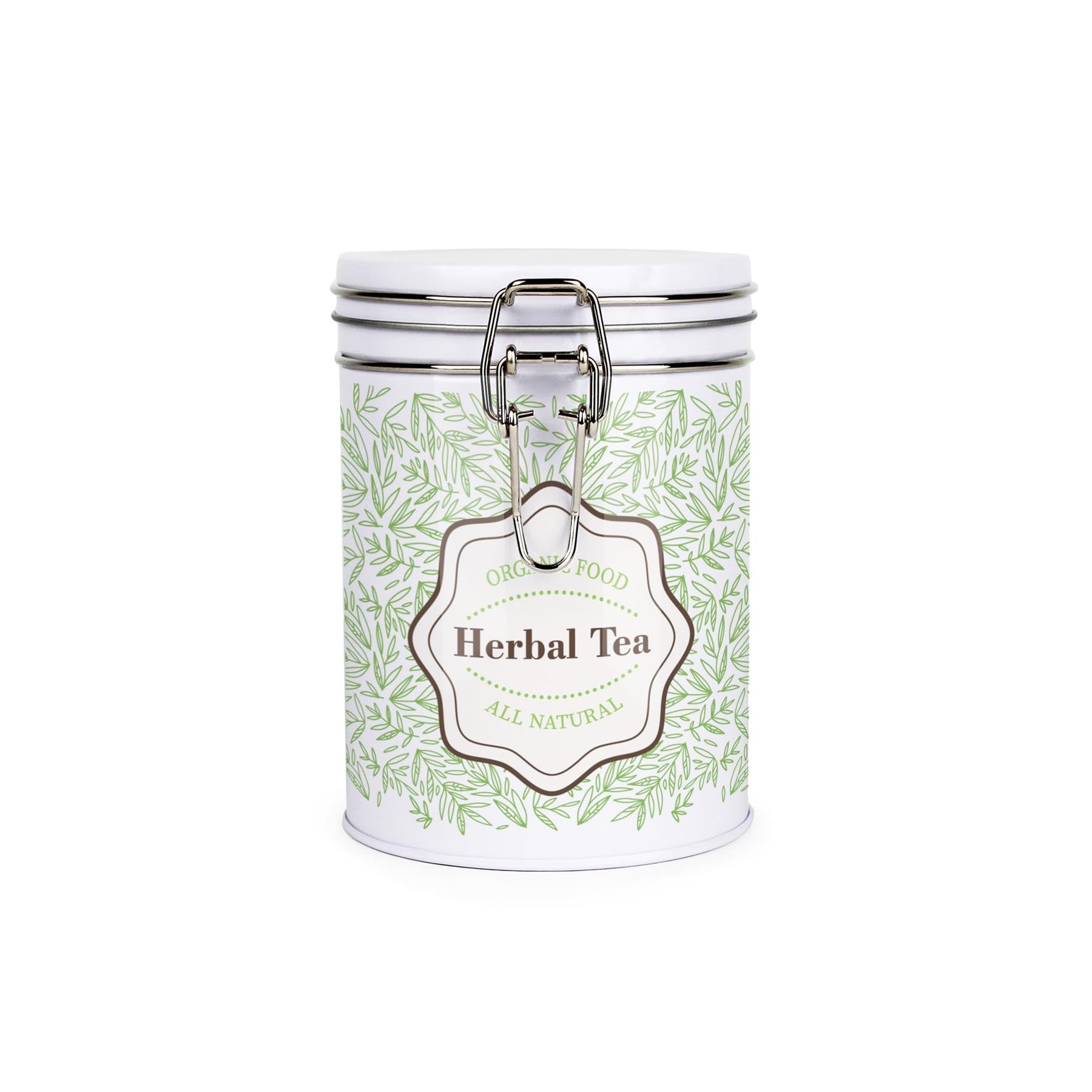 Organic Green Leaves Herbal Tea Storage Canister - Stylish Green Home Décor - White Metal Clip Lid Kitchen Drinks Essentials & Food Storage Jar/Container 700ml (13cm x 9.5cm) - Housewarming Gift
