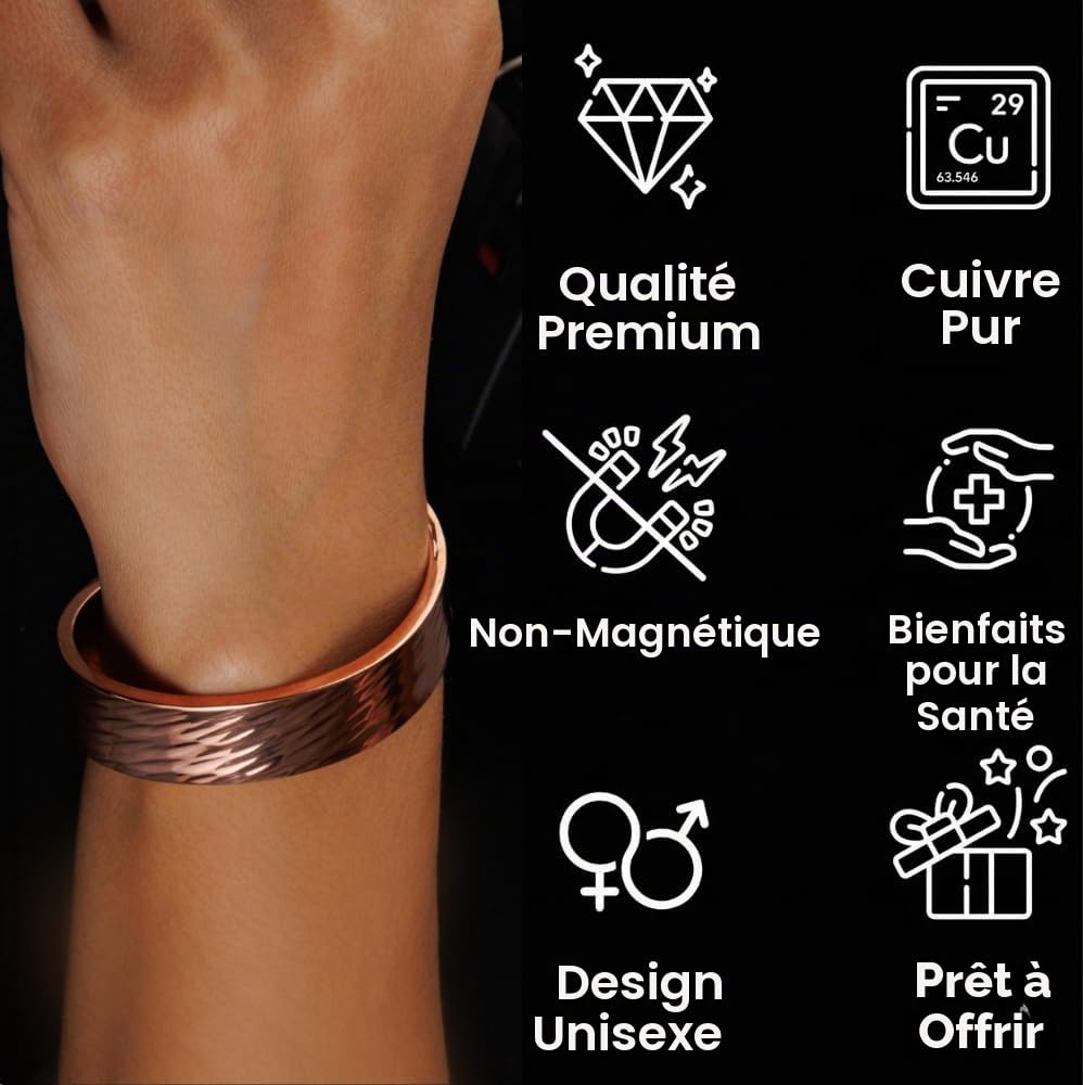 DEMMEX Bracelet en cuivre turc pur de 3 mm d'épaisseur, solide, sans revêtement, non magnétique, épaisseur de cuivre de 1/8", plus épais de son genre et une pièce accrocheuse, automne 2024, unisexe