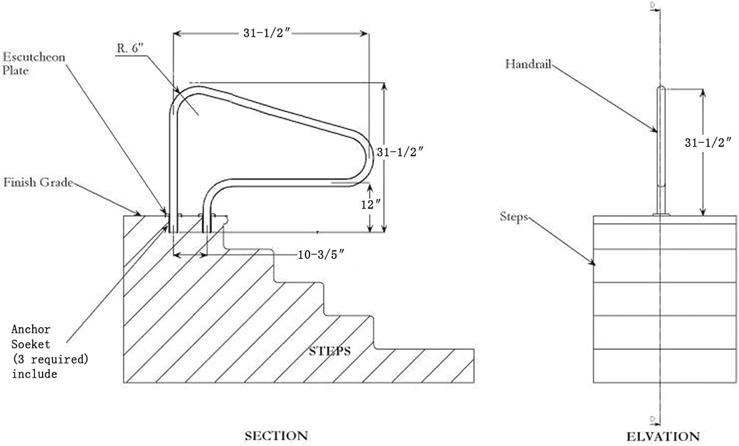Barandilla de Seguridad para Piscinas, barandilla empotrada de Acero Inoxidable para escaleras en Piscinas enterradas, Capacidad de Carga de 150 kg, Asas de Seguridad para Acceso en pendient