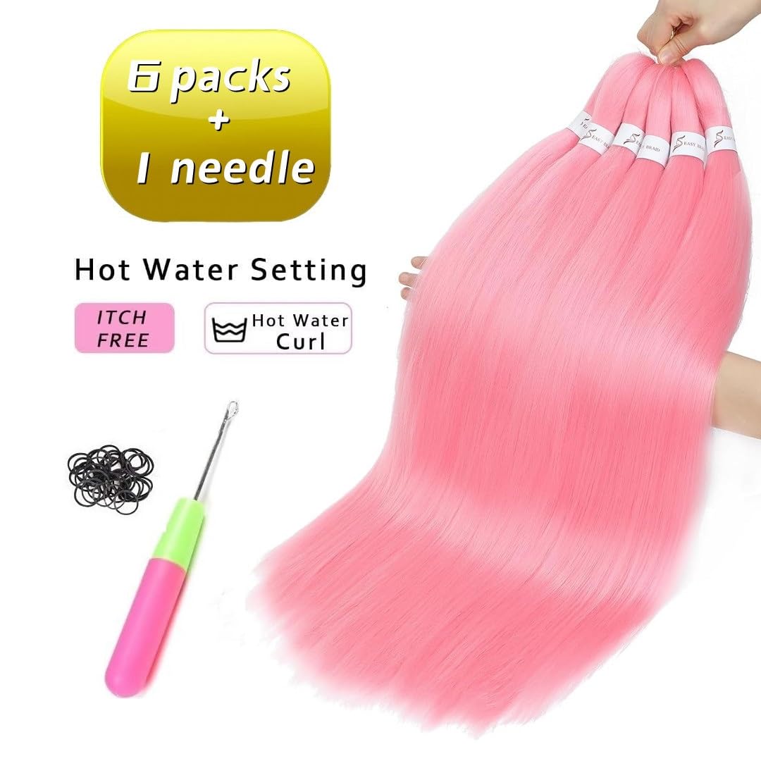 Pre Stretched Braiding Hair Pink Braiding Hair Extensions For Braids 26 Inch 6 Packs Yaki Textured Crochet Synthetic Hot Water Setting Crochet Extensions (26 Inch - Image 2