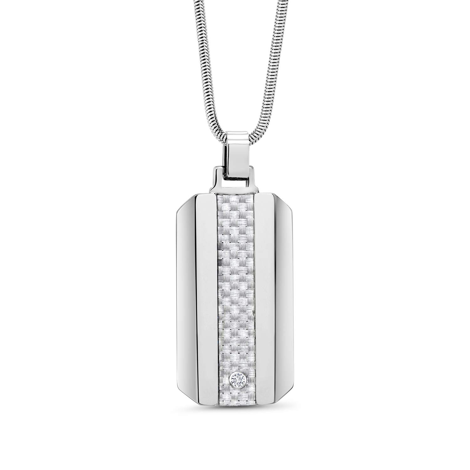 Gem Stone King White Lab Grown Diamond Tungsten Carbide Custom Engravable Dog TAG Pendant with Carbon Fiber Inlay