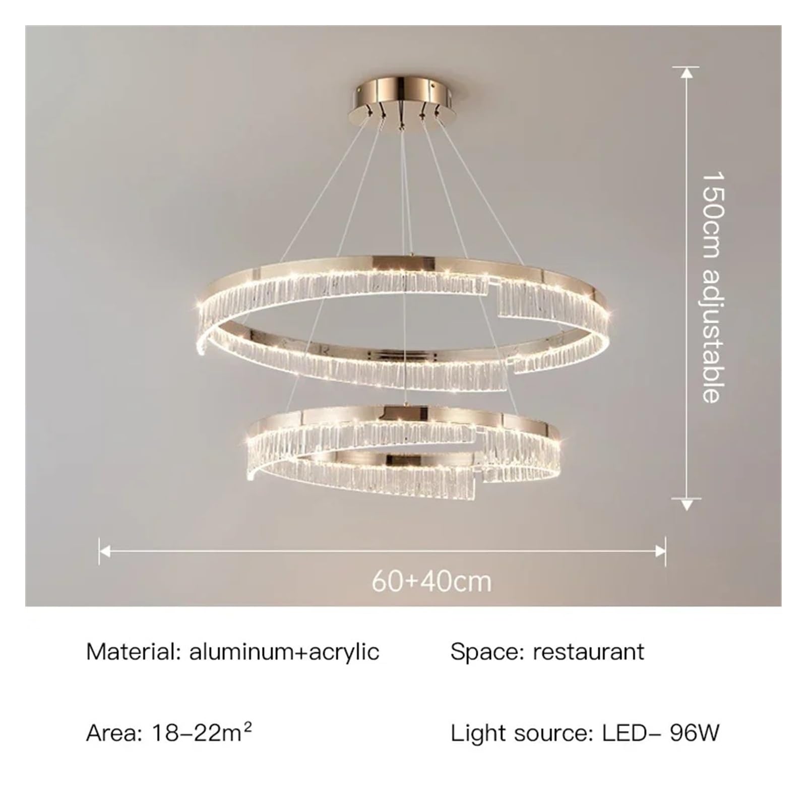 Nowoczesny i luksusowy żyrandol LED do salonu, sypialni i jadalni z jasnozłotym wykończeniem i okrągłym pierścieniem (2 pierścienie - 40 x 60 cm, trójkolorowe)