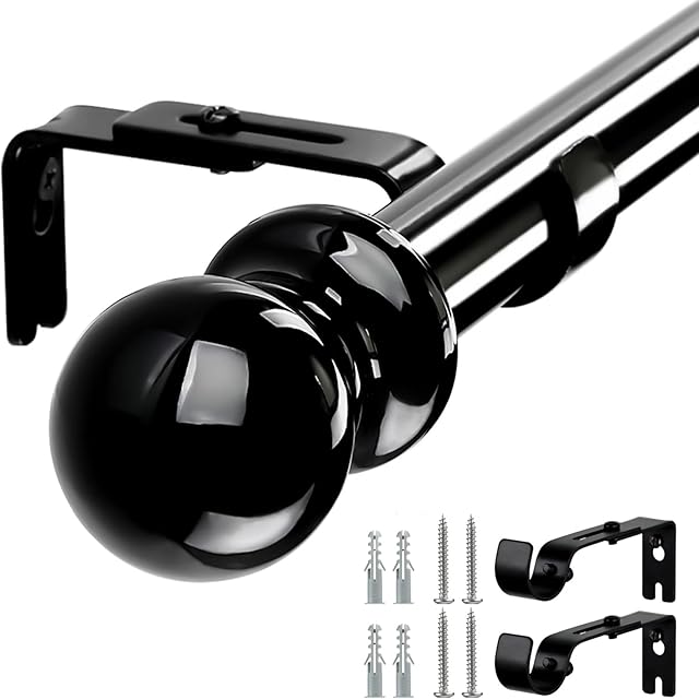 Harrms Curtain Pole for Windows, 76-221cm, 2.5cm Thickness Adjustable Single Curtain Rod with Round Finial Heavy Duty Decorative Windows Drapery Rods for Living Room, Bathroom, Bedroom, Black