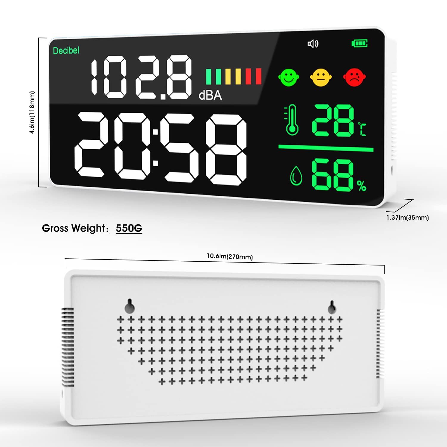 DezibelmessgeräT Schallpegelmesser zum AufhäNgen ein der Wand 30-130 DB Reichweite 11 Zoll GroßEs LED-Display GeräUschzeit Temperatur(℃), Anwendungen für Zuhause, Studio usw