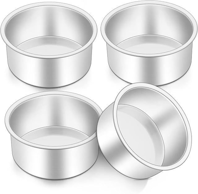 Onader 4 Inch Cake Tin, Stainless Steel Layer Cake Pans Set of 4, Mini Round Baking Tray Cake Mould for Birthday Christmas Wedding, One-Piece Design & Straight Side, Mirror Finished & Dishwasher Safe