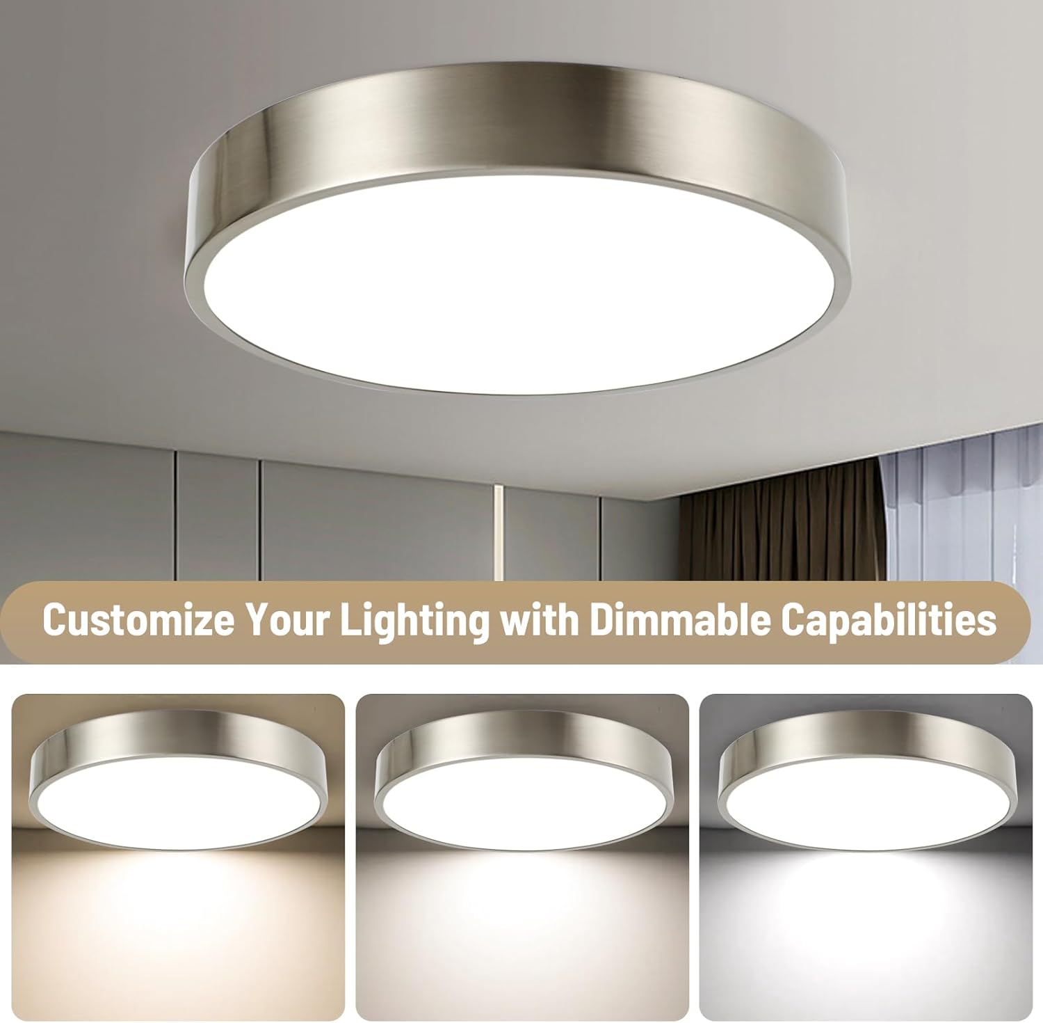 13inch Modern Nickel Led Flush Mount Ceiling Light| 26W Low Profile Ceiling Light|3000K-5000K Dimmable Ceiling Light Fixture | ETL Listed | Ideal for Bathroom, Bedroom, Hallway