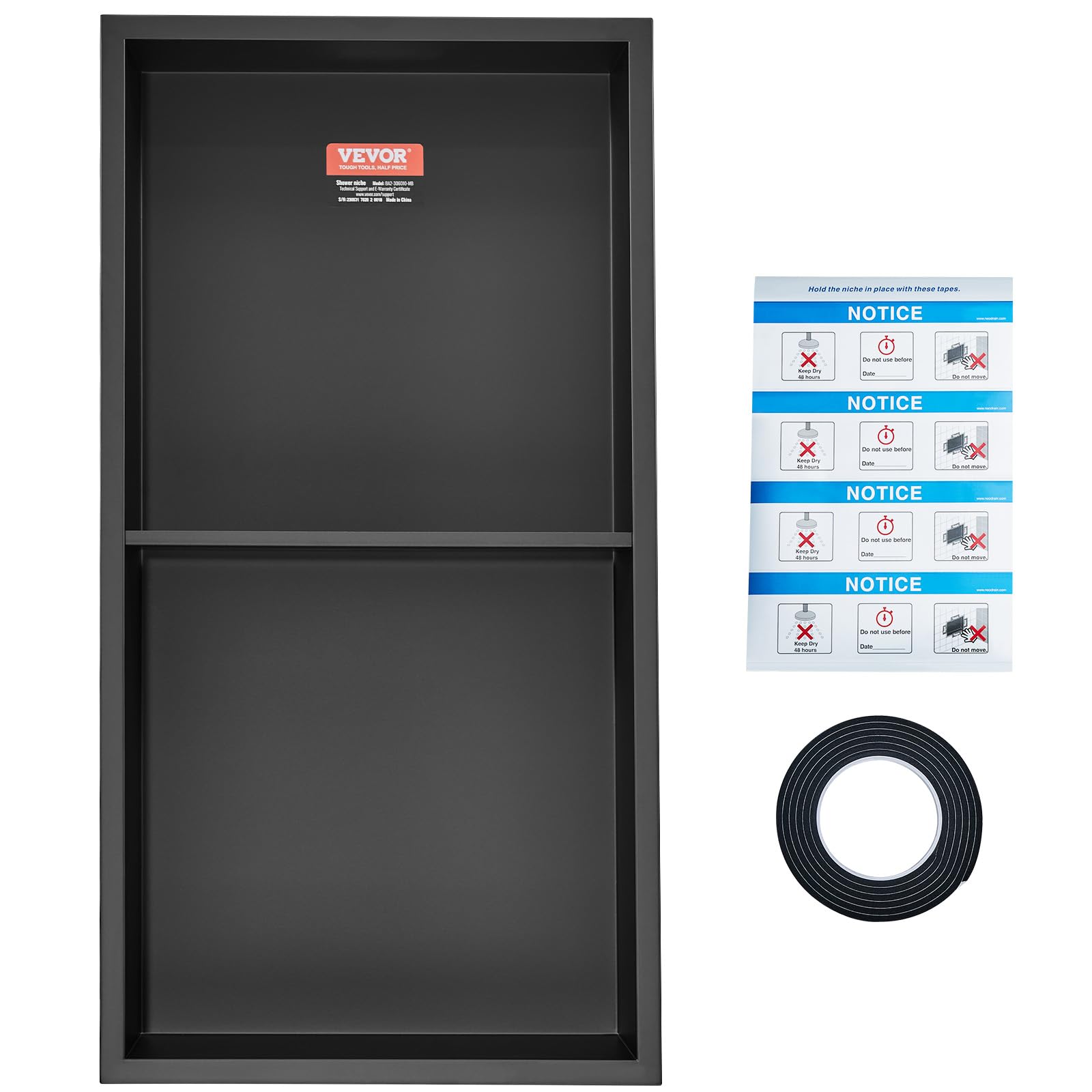 VEVOR Niche Encastrable Salle de Bain 33,02x63,5 cm Niche Douche Murale Double Étagère Acier Inoxydable 304 Scellée Étanche Facile à Nettoyer Moderne pour Stockage de Savon Douche Salle de Bains, Noir