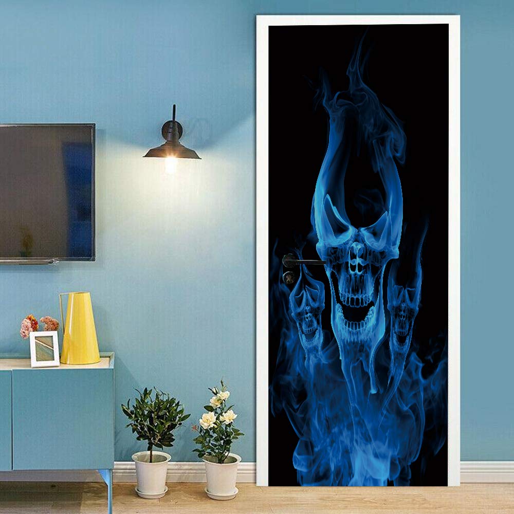 Sticker porte crâne flamme bleue papier peint amovible et imperméable 90x200