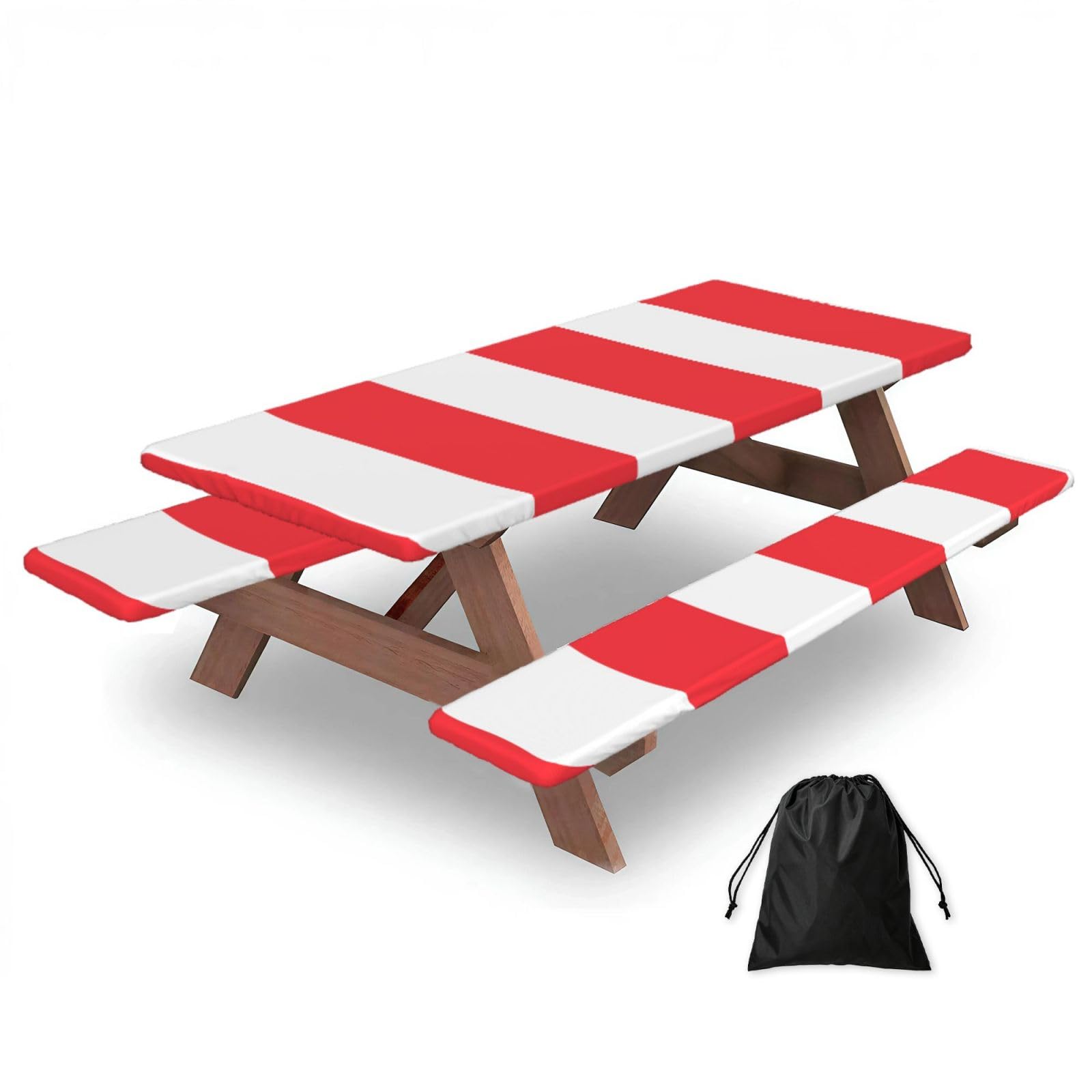 Hhbiuuo Black 72In Camping Table Cover & Bench Covers 3-Pack Set, Indonesian Flag Print Tablecloths, For Rectangle Tables Picnic