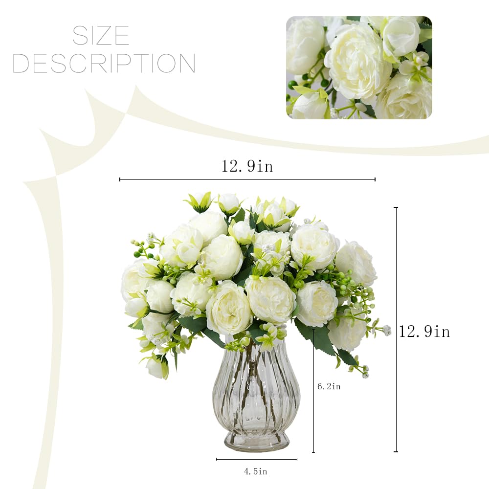 JARELING Artificial Peonies Silk Flowers in Glass Vase Faux Flowers Bouquets Modern Penoy Arrangement 4 Pack for Home Decoration Table Centerpiece (White)