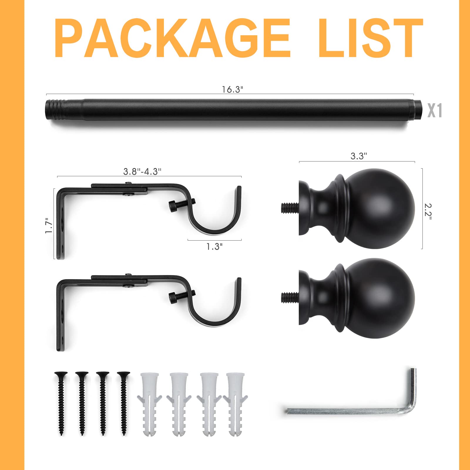 Curtain Rods for Windows 18 to 28, 1 Inch Black Curtain Rod Set, Heavy Duty Drapery Rods with Adjustable Curtain Rods, Outdoor Curtain Rod with Ball Finials, Room Divider Curtain Rod, 16"-28"
