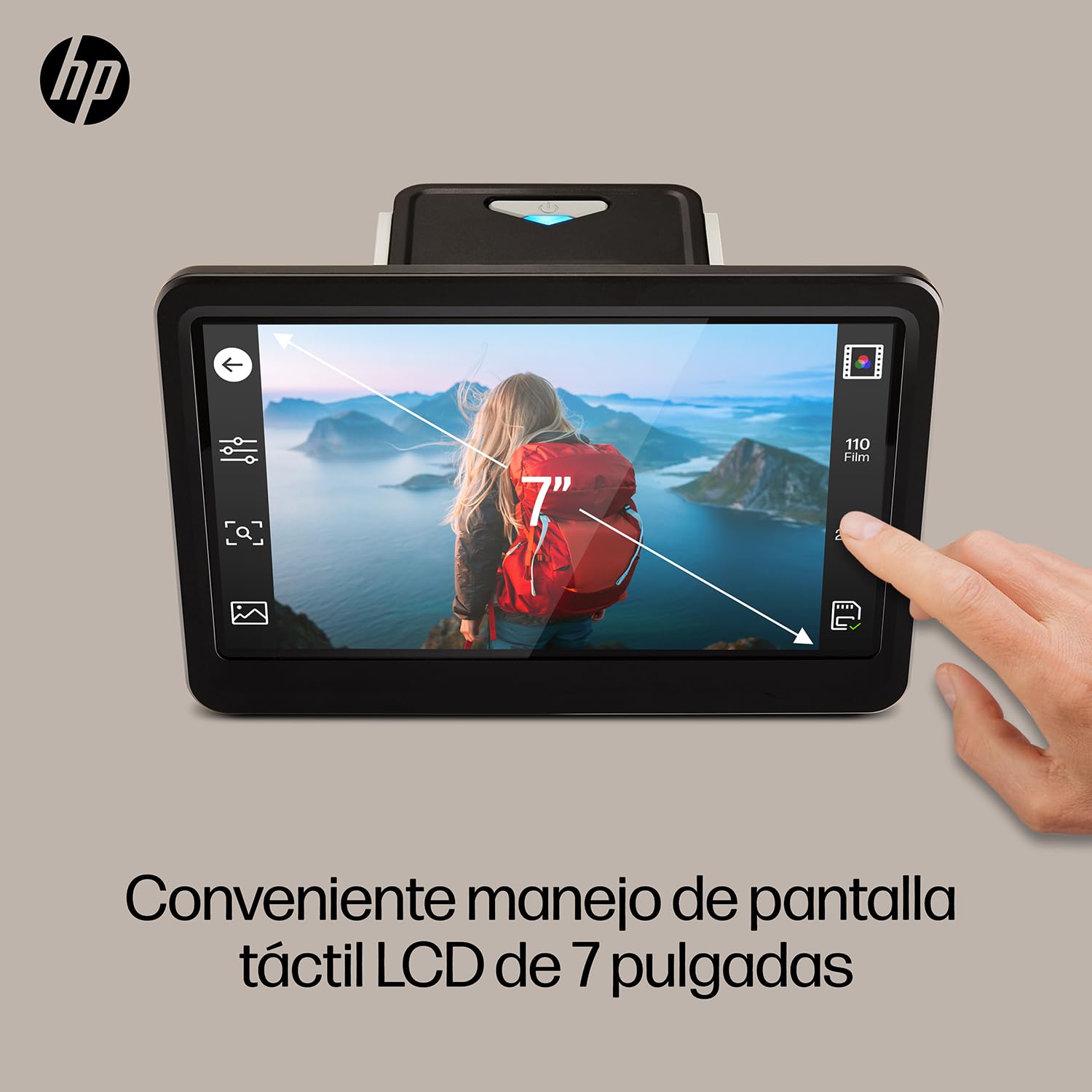 HP FilmScan - Digitalizador de película táctil y escáner deslizante con pantalla LCD ajustable de 7 pulgadas, convierte rápidamente negativos y diapositivas a fotos digitales JPEG de 22 MP, compatible