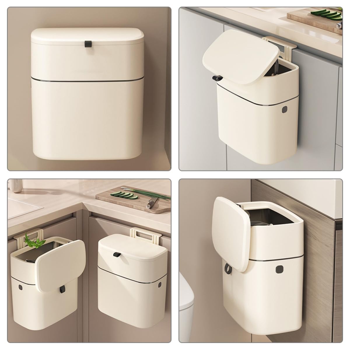 12l Küchenmülleimer Beige mit Punch Free Installation und Deckel Wandhängender Abfallbehälter aus Pp und Silikon für Küche und Bad