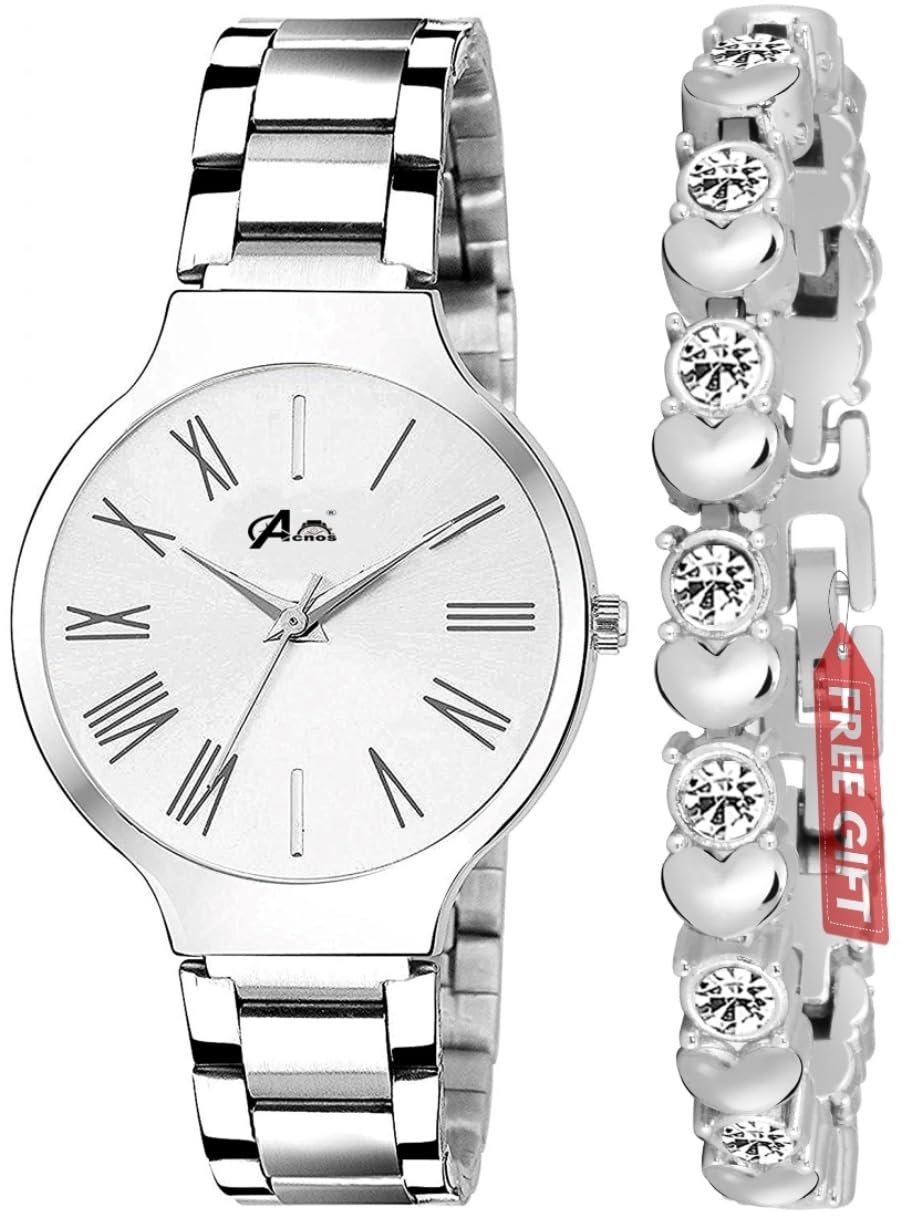 Acnos® Premium Brand - A Branded Watch Analog 4 Dial White Stainless Steel Silver Band with Heart Diamond Silver Bracelet Womens Watch (B093C4NT3V) Amazon Price History, Amazon Price Tracker