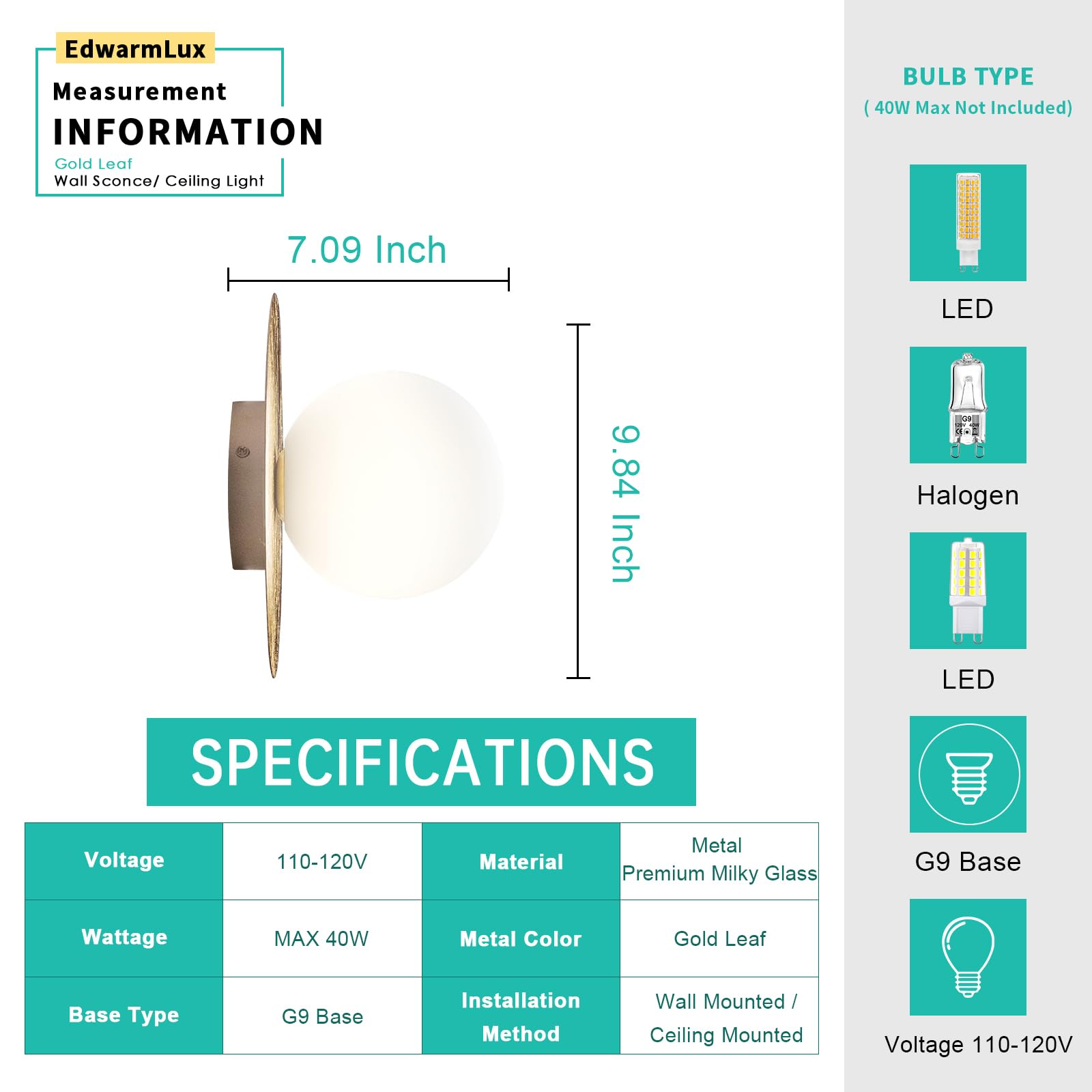 Edwarmlux 1 Light Wall Sconce, Mid Century Modern Globe Wall Sconce, Ceiling Light Fixture, Vanity Light Fixture, Indoor Wall Light for Living Room Bedroom Hallway Bathroom Entry (Gold)