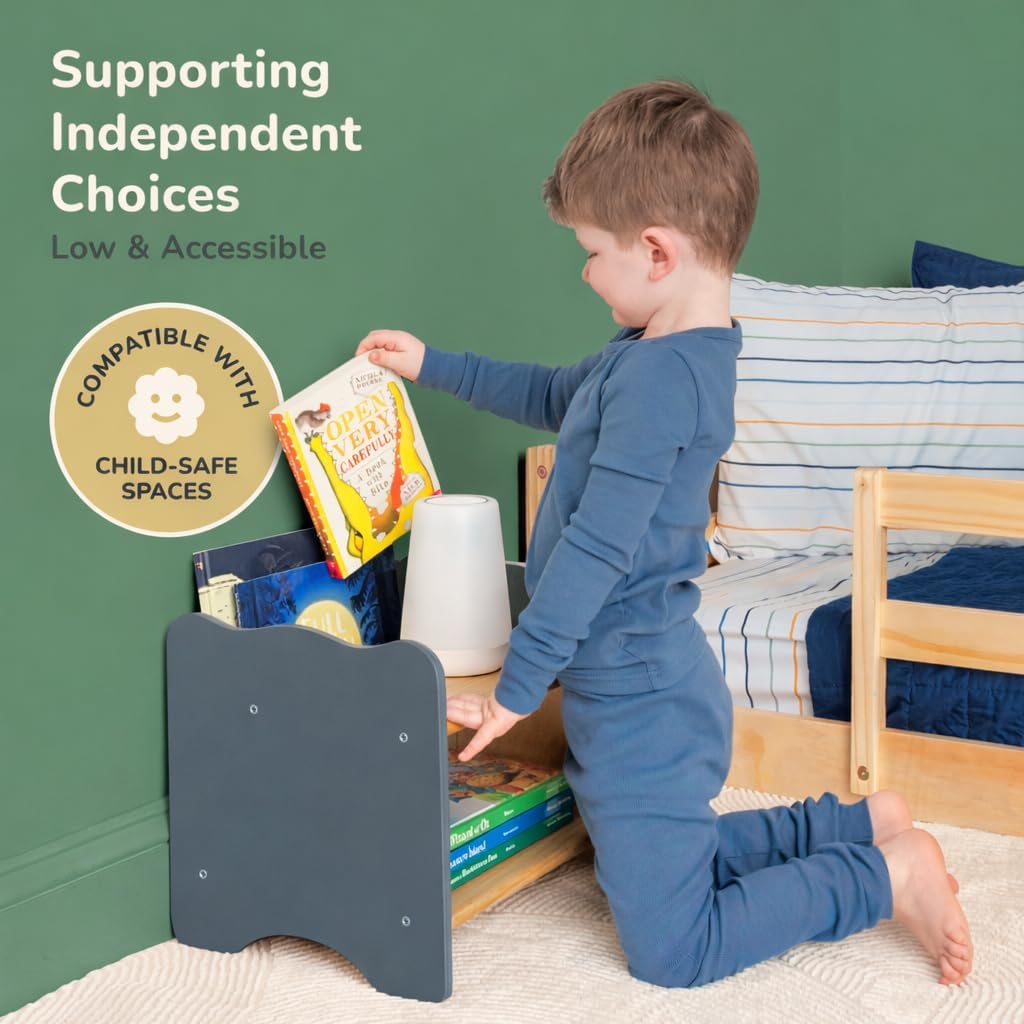 Ocodile Kids Nightstand for Floor Beds, Solid Wood Small Bedside Table with Book Pocket, Low Tiny Nightstand for Nursery, Toddler & Kids Room, Montessori Style Side Table - Gray