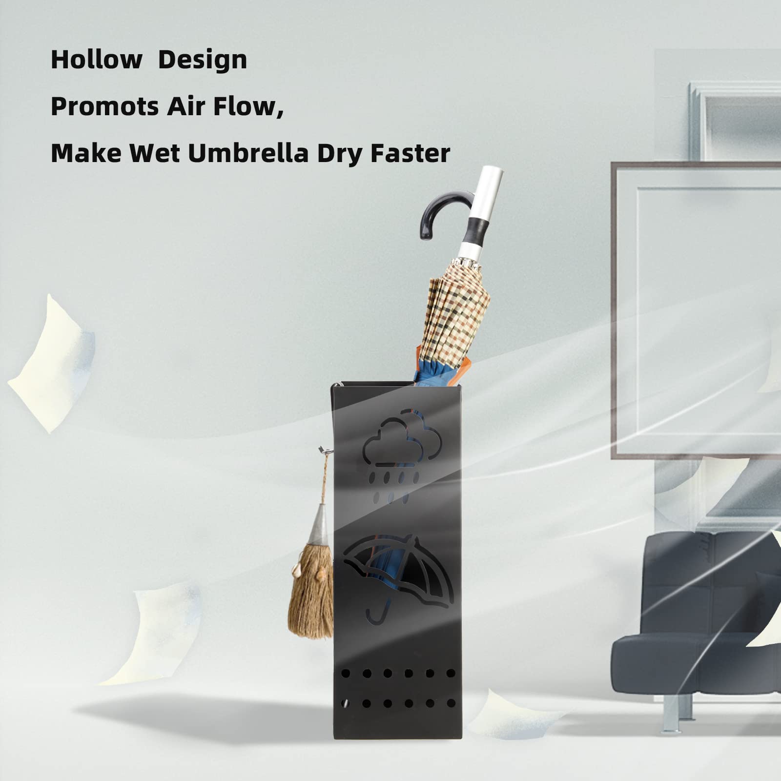 BEWBBAT Umbrella Stand Rack for Entryway, Black Square Metal Umbrella Holder, Free Standing Umbrella Storage Organizer Bin with 4 Hooks for Home Office Hotel Decor, 6 x 6 x 17 Inch, Hold 6 Umbrellas