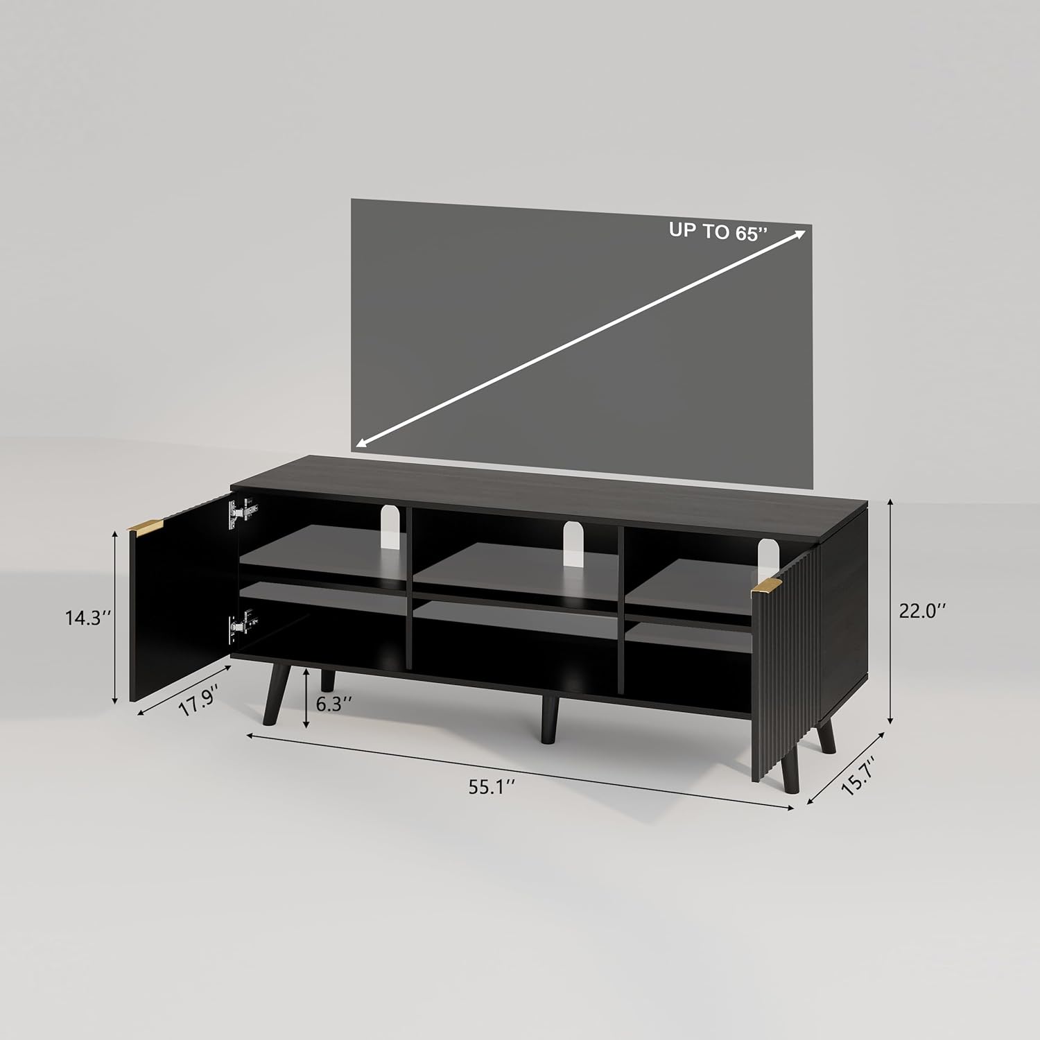 55 inch Fluted TV Stand with Storage, Mid Century Modern Entertainment Center with Adjustable Shelf, TV Table Stand up to 65 Inches TVs for Living Room, Bedroom, Black - Image 2
