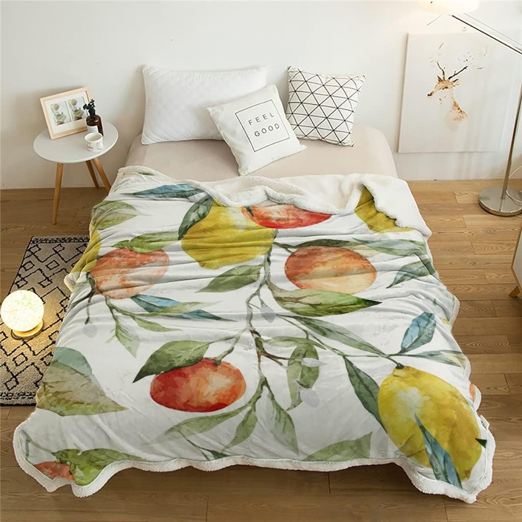 Lemon Leaves Watercolor Painting Sherpa Blanket Velvet Flannel Bedspreads Office Nap Throw Blankets Sofa Cover