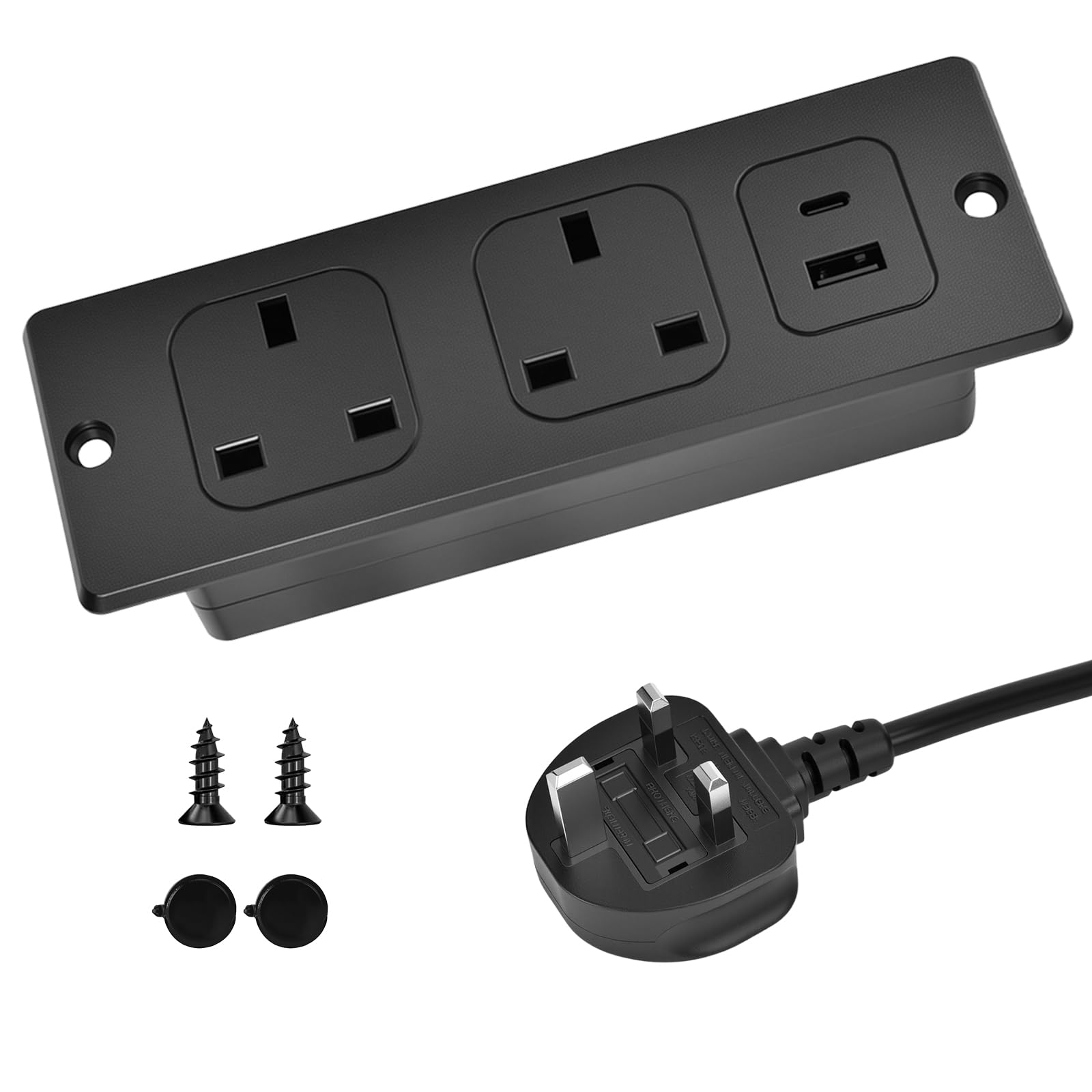 Turmegtt Recessed Power Socket with USB C/A PD20W, Desk Power with 2 UK Outlets & 2 USB Ports, Power Board Hidden with USB C for Furniture Office Desk Power Socket with 2M Cable